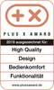 Logo 'Plus X Award' z nagrodami za rok 2019 w kategoriach: Wysoka Jakość, Design, Wygoda Użycia, Funkcjonalność. Strona internetowa: www.plusxaward.de.