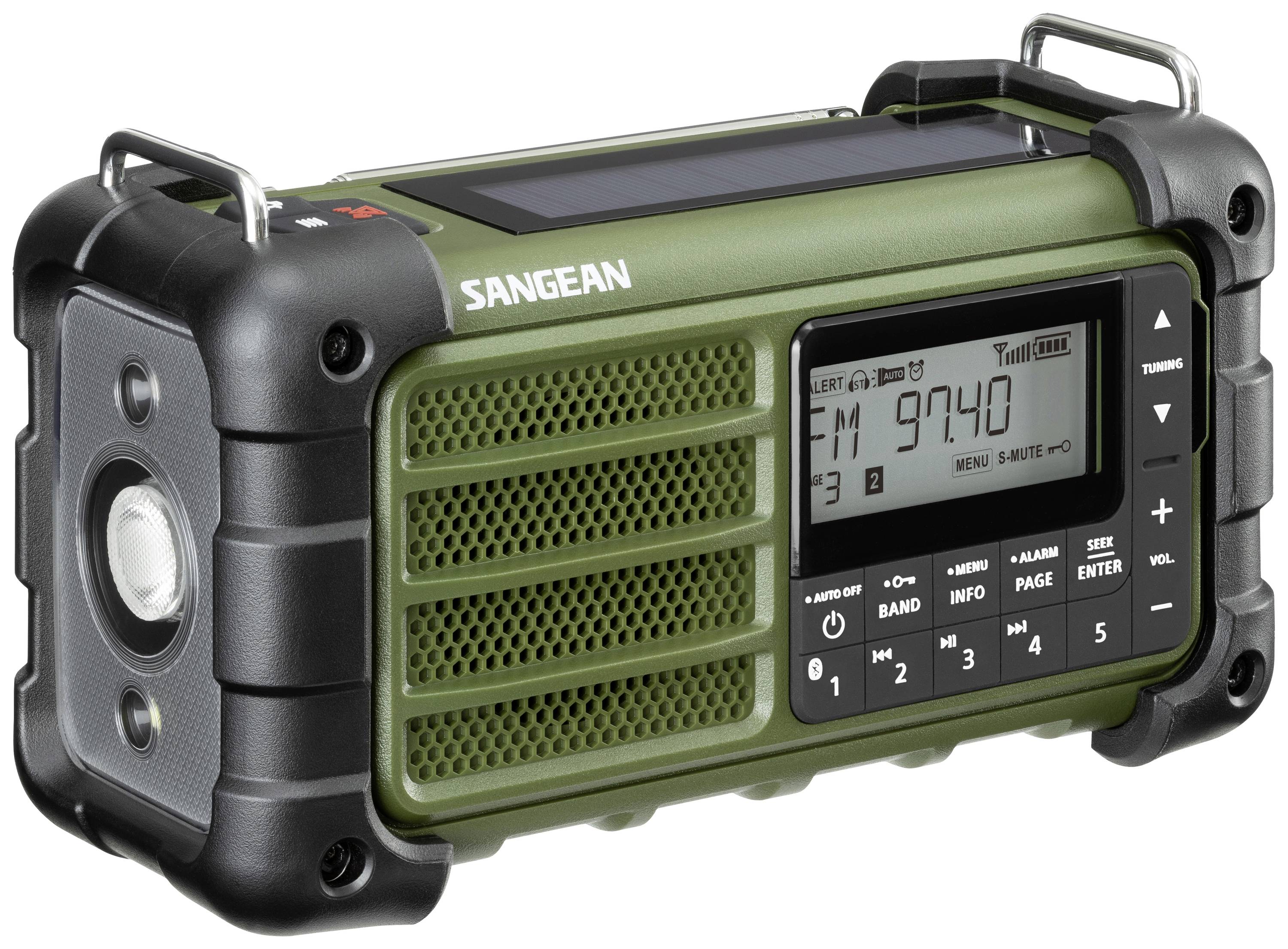 Przenośny radiowy system w kolorze zielono-czarnym z wyświetlaczem, przyciskami do wyboru stacji i regulatorem głośności. Nazwa marki jest widoczna.