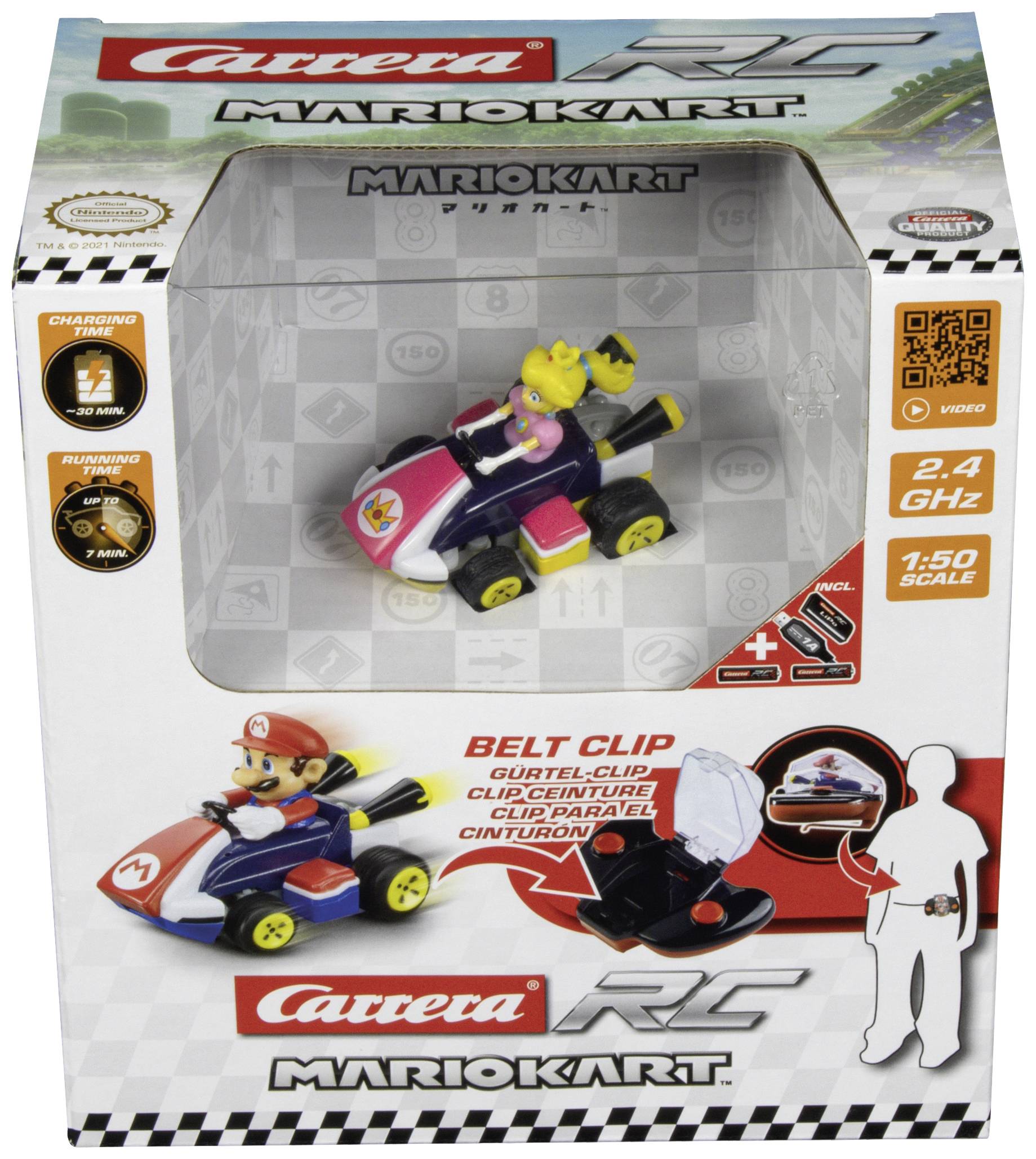 Kartonowe opakowanie z figurką Mario w gokardzie, na górze Księżniczka Peach. Do Carrera RC, 2,4 GHz, skala 1:50.