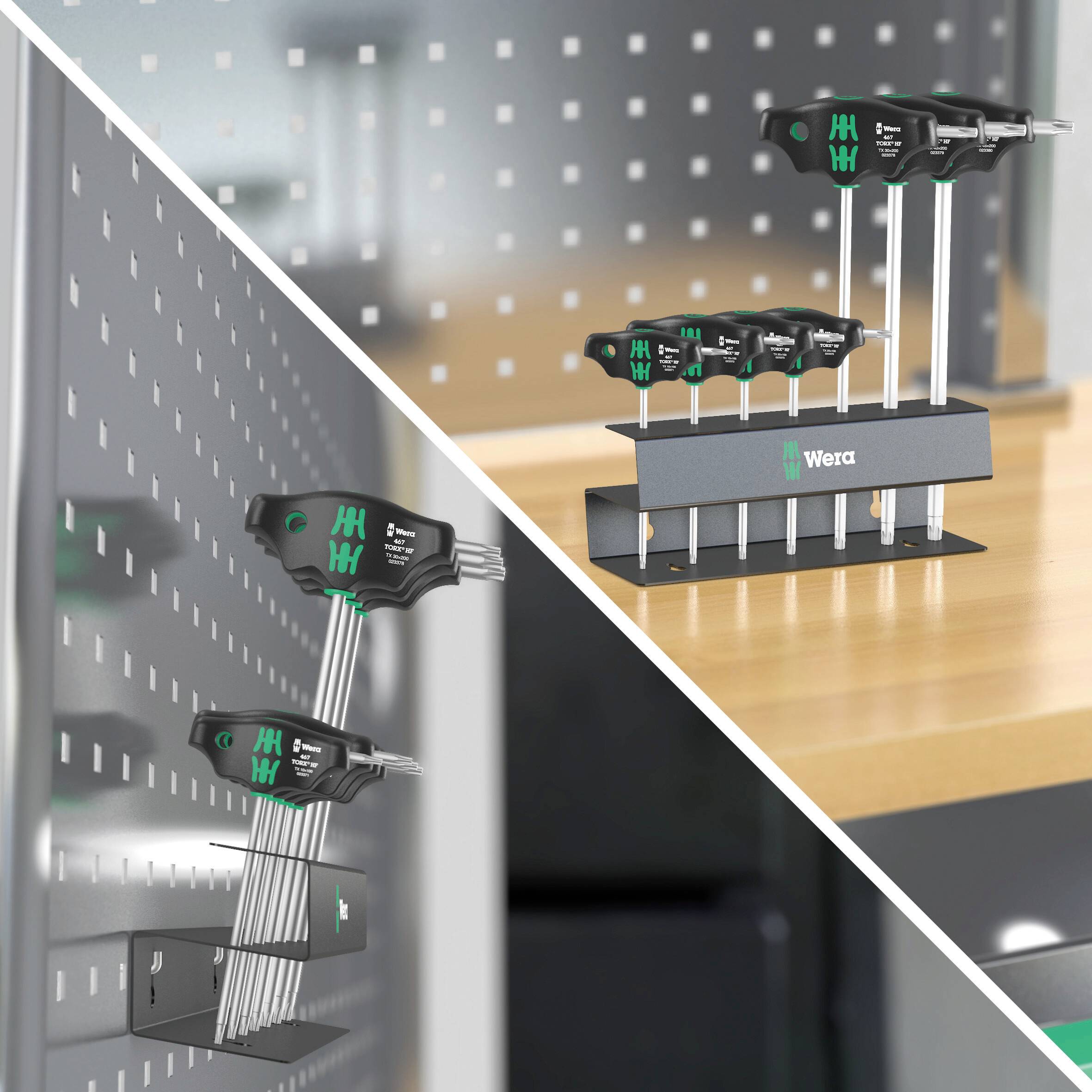 Stojak na narzędzia z wieloma kluczami T w dwóch ujęciach: zamontowany na ścianie oraz stojący na stole warsztatowym.