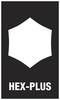 Czarno-biała grafika z sześciokątnym symbolem i napisem 'HEX-PLUS' u dołu.