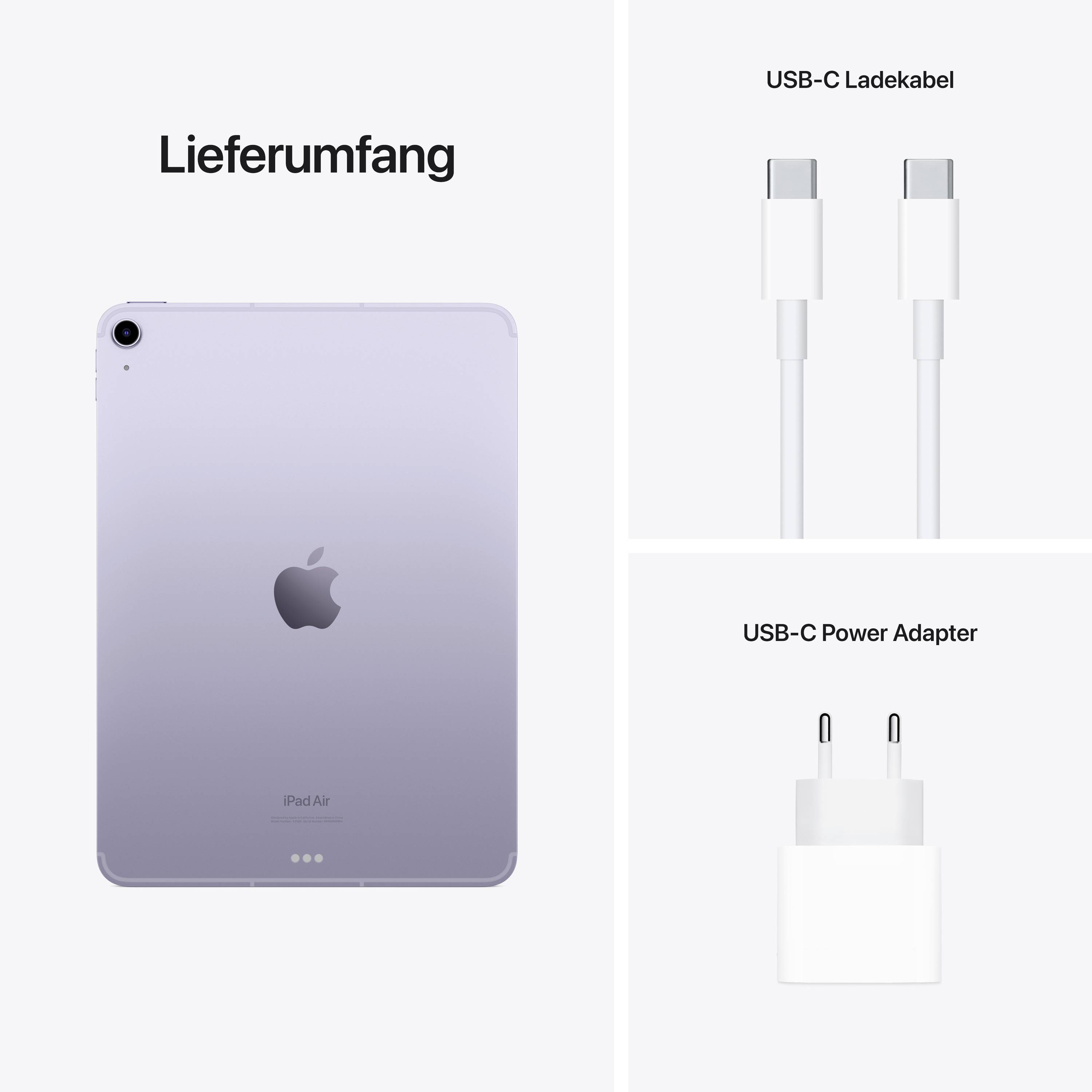 'Zawartość opakowania: iPad, kabel ładujący USB-C, zasilacz USB-C.'
