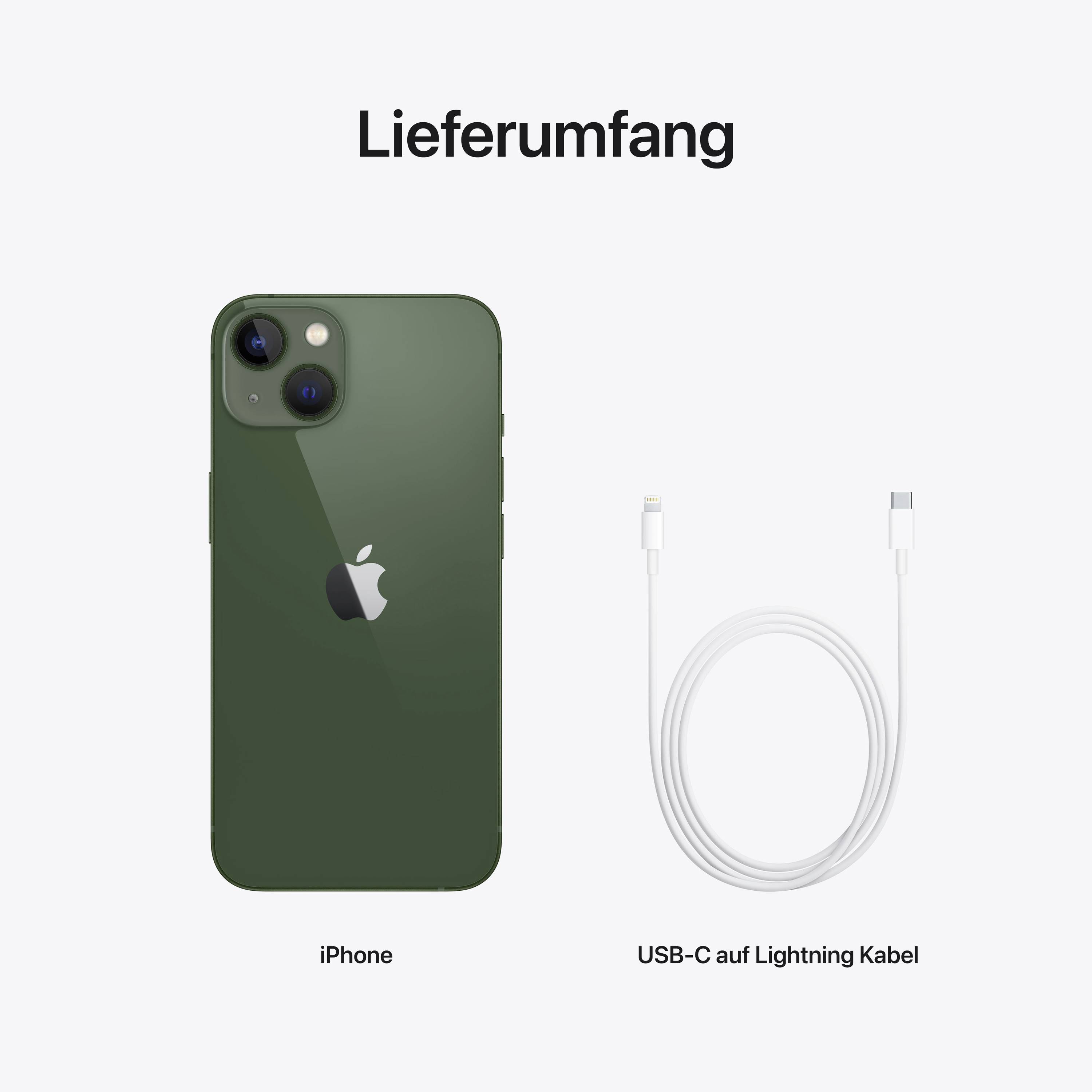 Zawartość opakowania: Zielony iPhone i kabel USB-C na Lightning są prezentowane obok siebie.