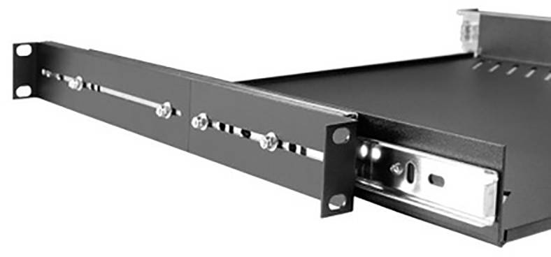 Metalowe, wysuwane tacki do szafy rack, przeznaczone do montażu w szafach serwerowych, wyposażone w szyny umożliwiające regulację głębokości mocowania.