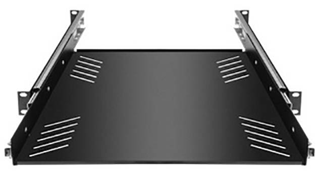 Czarna, prostokątna metalowa rama z bocznymi mocowaniami, odpowiednia do montażu w szafie serwerowej lub na półce.