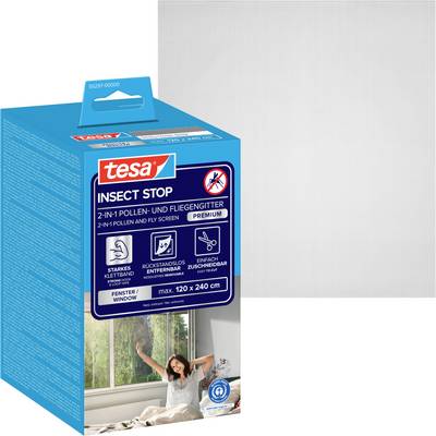 Pudełko tesa Insect Stop 2-in-1 siatka pyłkowa i na owady, z obrazem instalacji na oknie i cechami produktu pokazanymi na opakowaniu.