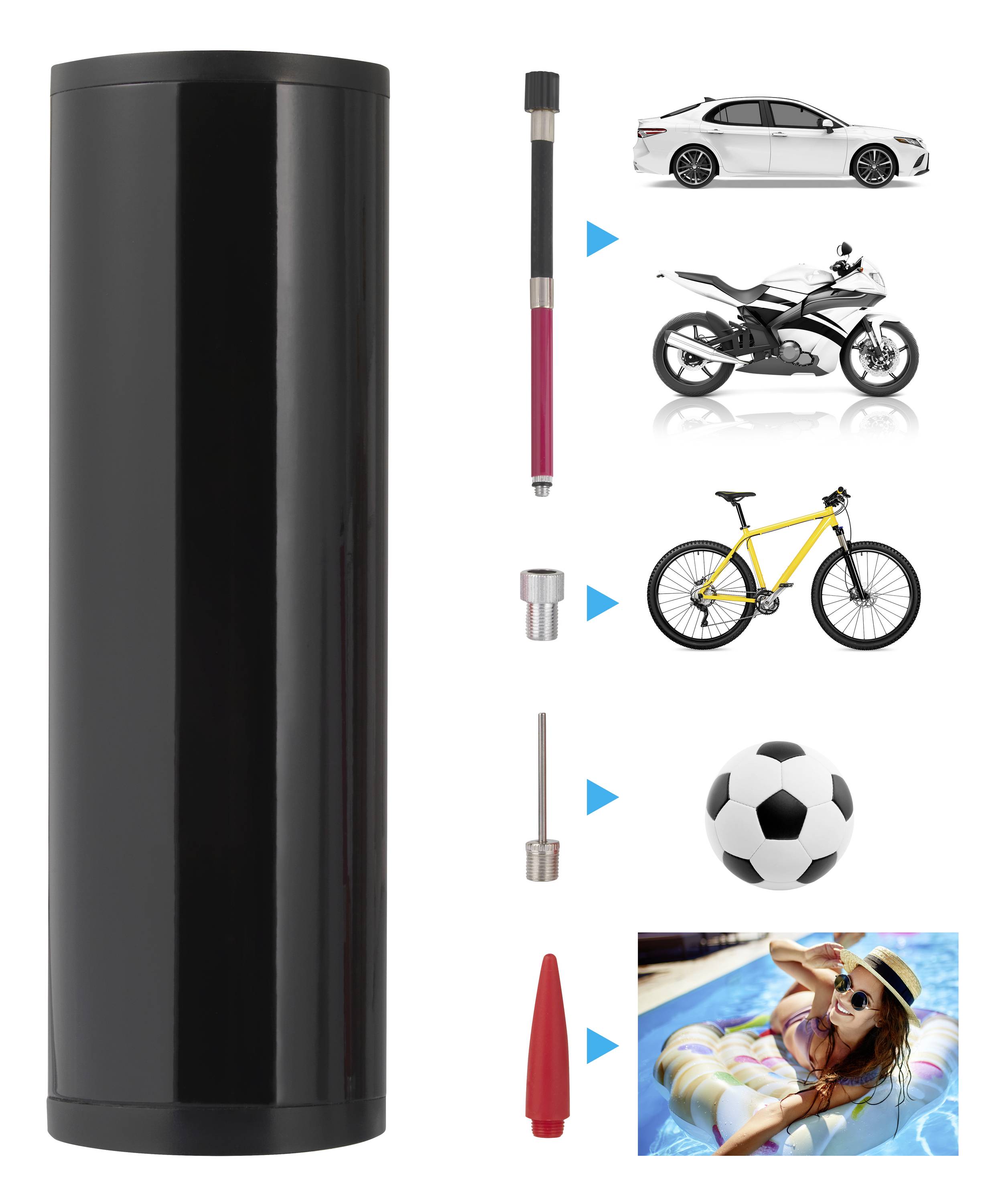 Przenośna pompka powietrzna z wieloma dyszami. Odpowiednia do samochodu, motocykla, roweru, piłki i dmuchanych artykułów basenowych.