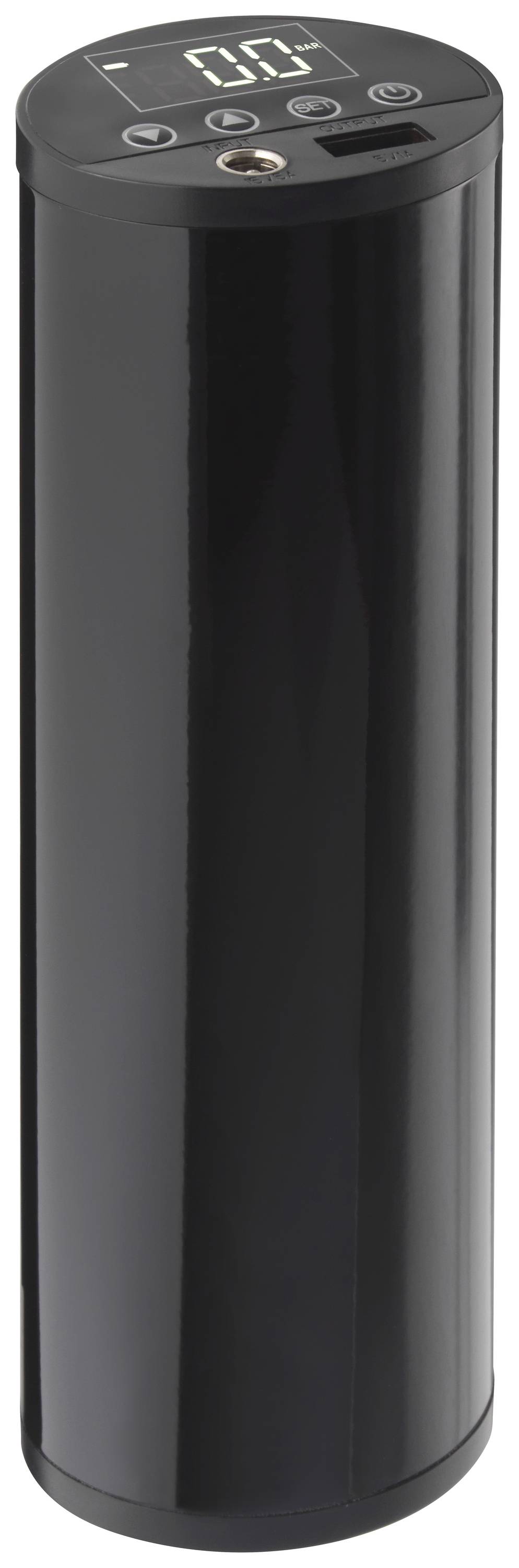 Czarny cylindryczny elektryczny kompresor powietrza z cyfrowym wyświetlaczem i przyciskami sterującymi na górnej powierzchni.