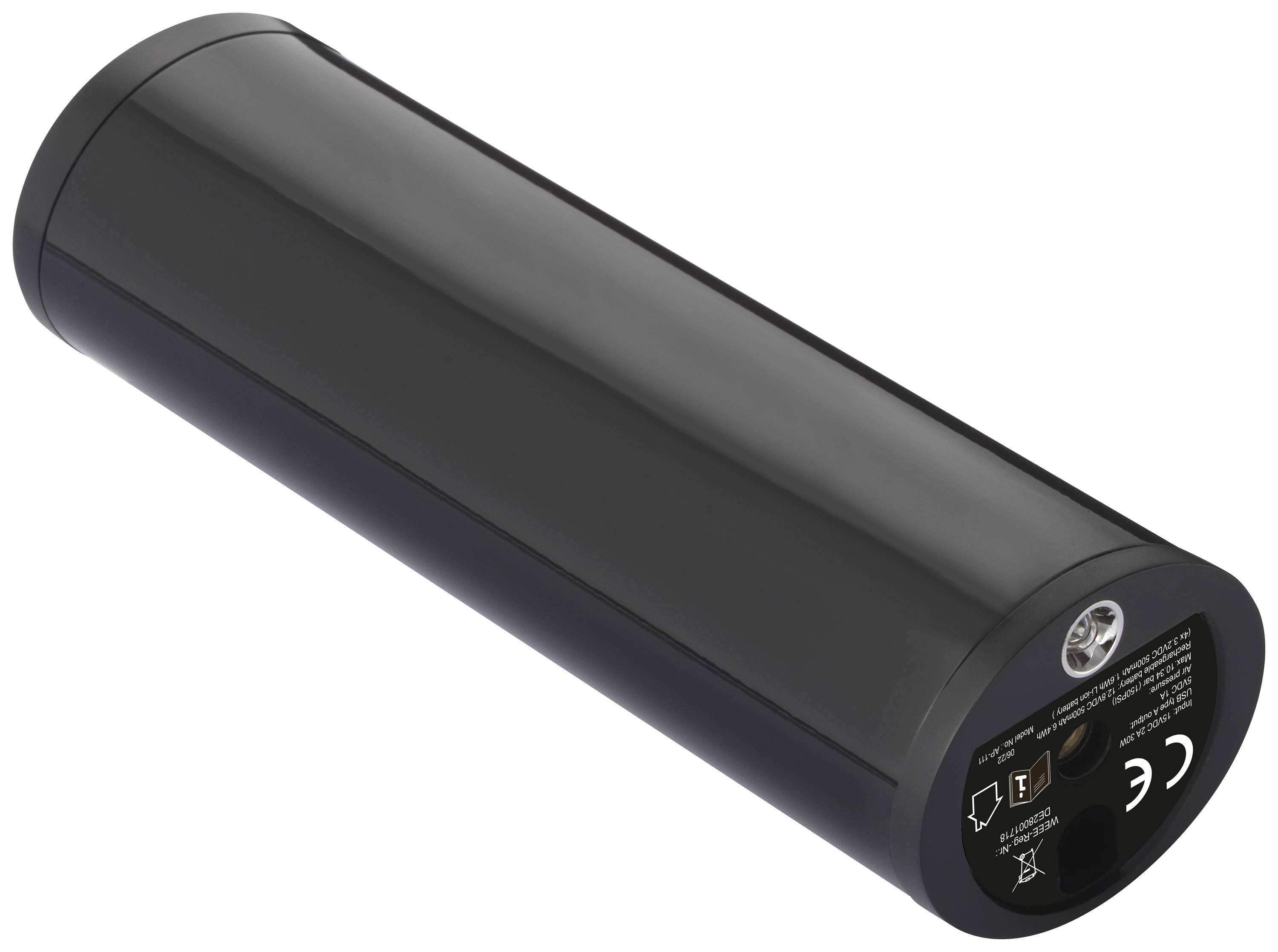 Czarny cylindryczny akumulator. Od spodu widoczne są symbole techniczne i znaki certyfikacyjne.