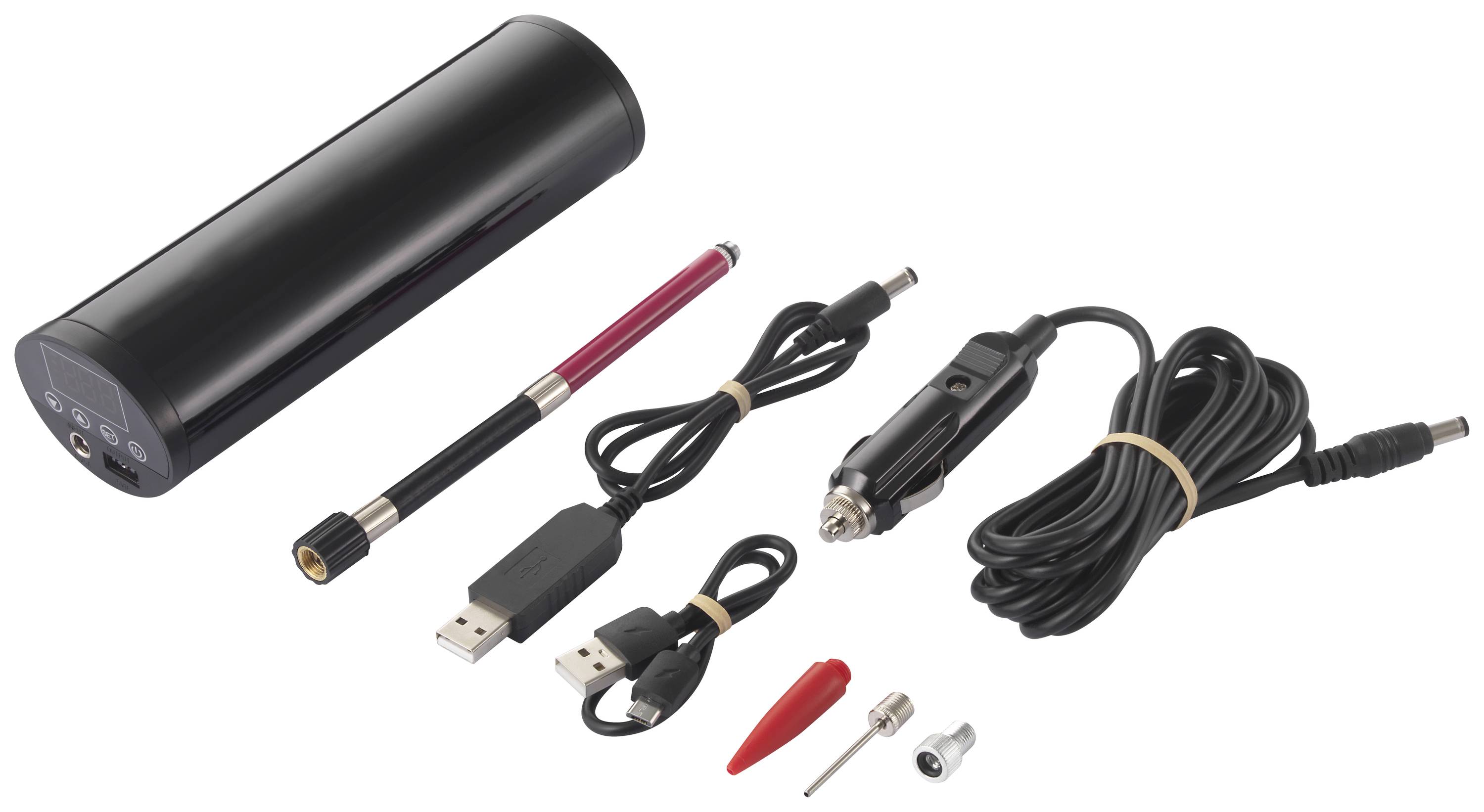 Przenośny zestaw ładujący z adapterem do gniazda zapalniczki samochodowej, kablem USB, anteną i osprzętem przyłączeniowym. Kolor główny: czarny.