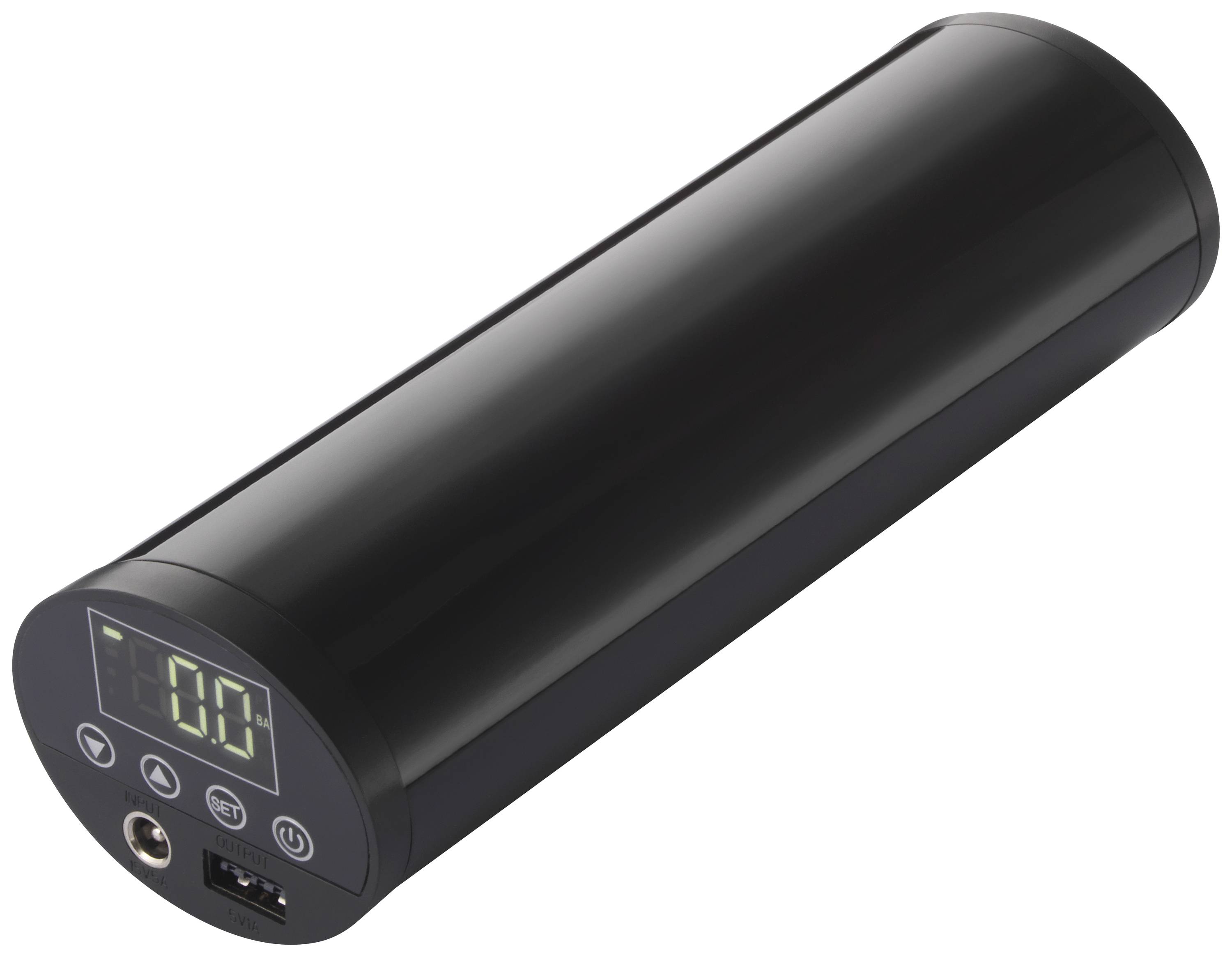 Czarna przenośna elektryczna pompka powietrzna z wyświetlaczem cyfrowym, złączem USB i przyciskami sterującymi z przodu.