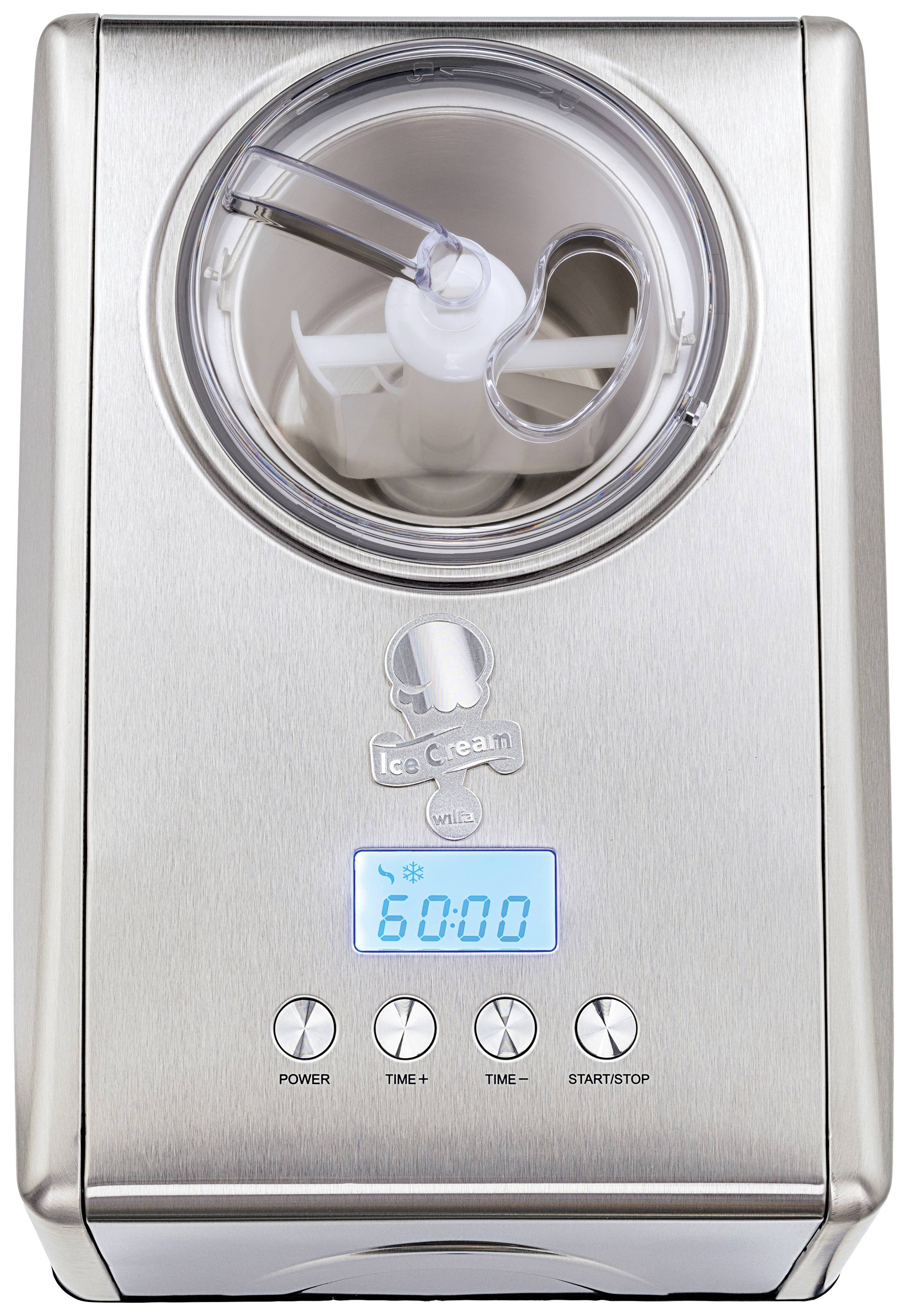 Srebrna maszyna do lodów z przezroczystą pokrywą i wyświetlaczem cyfrowym. Cztery przyciski na dole: Włącznik/Wyłącznik, Czas +, Czas -, Start/Stop.