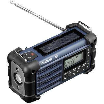 Przenośne radio outdoorowe z panelem słonecznym, wytrzymałą obudową ochronną i wyświetlaczem cyfrowym, które wyświetla napis 'SELF'.