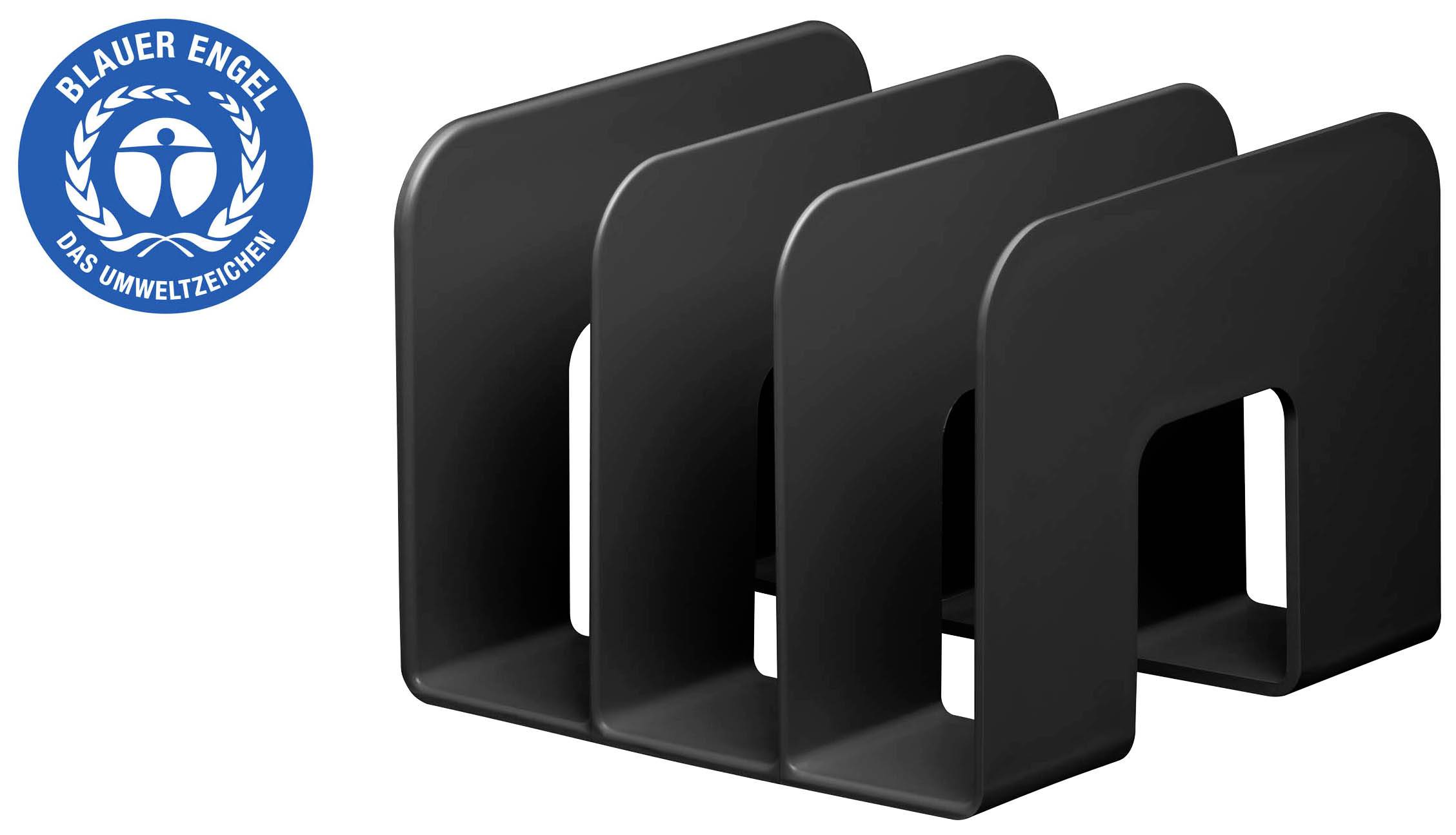 Czarna, lakierowana podpórka na książki z trzema przegrodami. Przedstawiona z niebieskim znakiem ekologicznym Błękitnego Anioła w lewym górnym rogu.