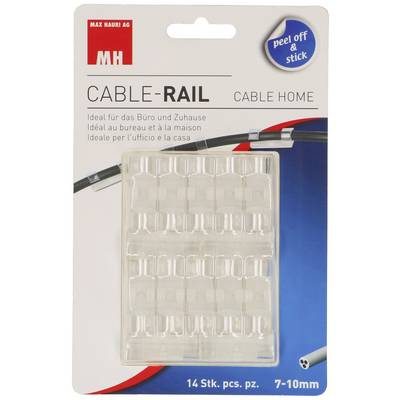 Opakowanie firmy MAX HAURI AG CABLE-RAIL z 14 transparentnymi uchwytami do kabli. Nadaje się do stosowania w biurze i w domu dla kabli o średnicy 7-10 mm.