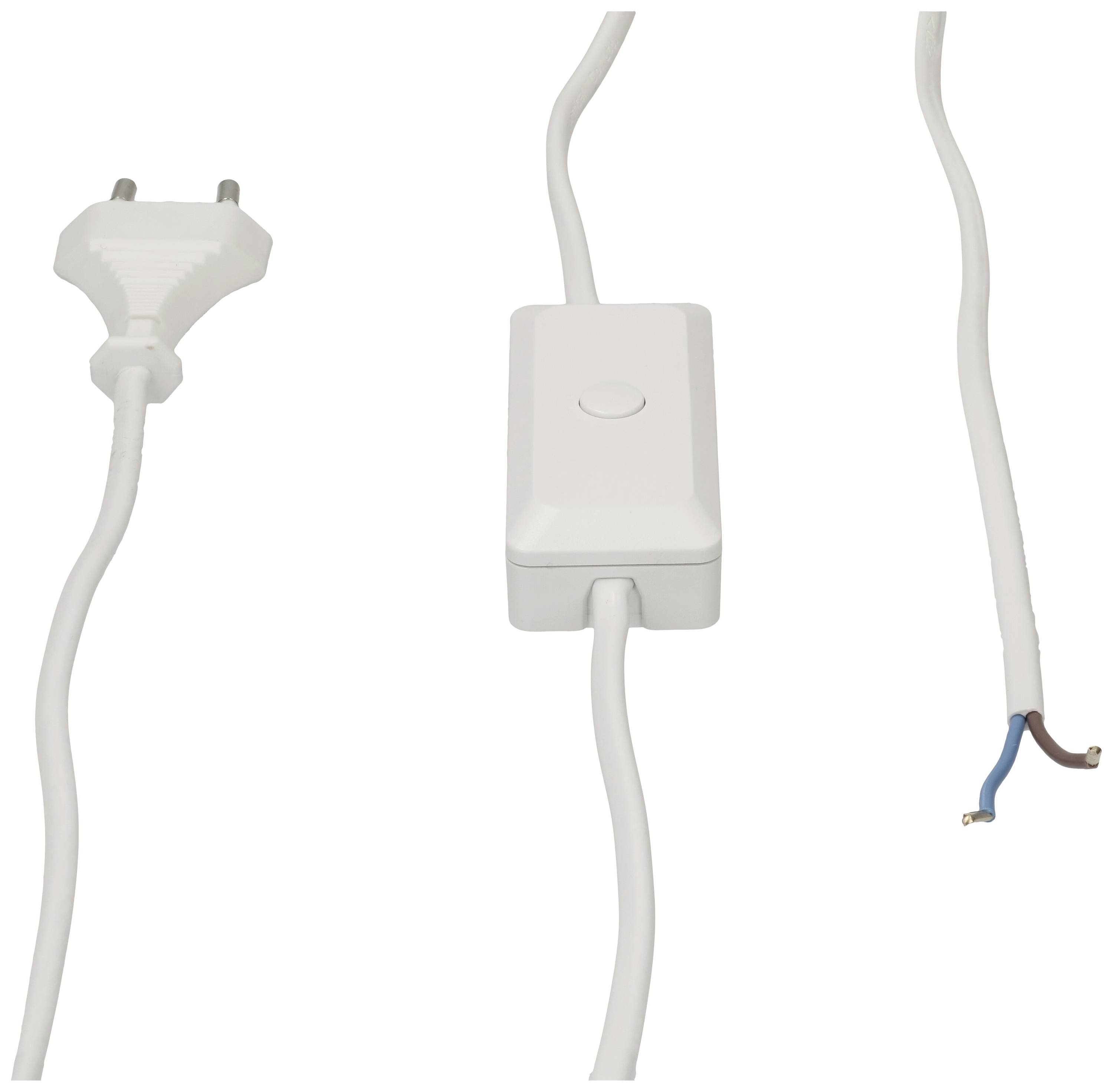 Biały kabel sieciowy z wtyczką i przełącznikiem pośrednim na środku. Kabel kończy się otwartym przewodem z luźnymi miedzianymi przewodami.