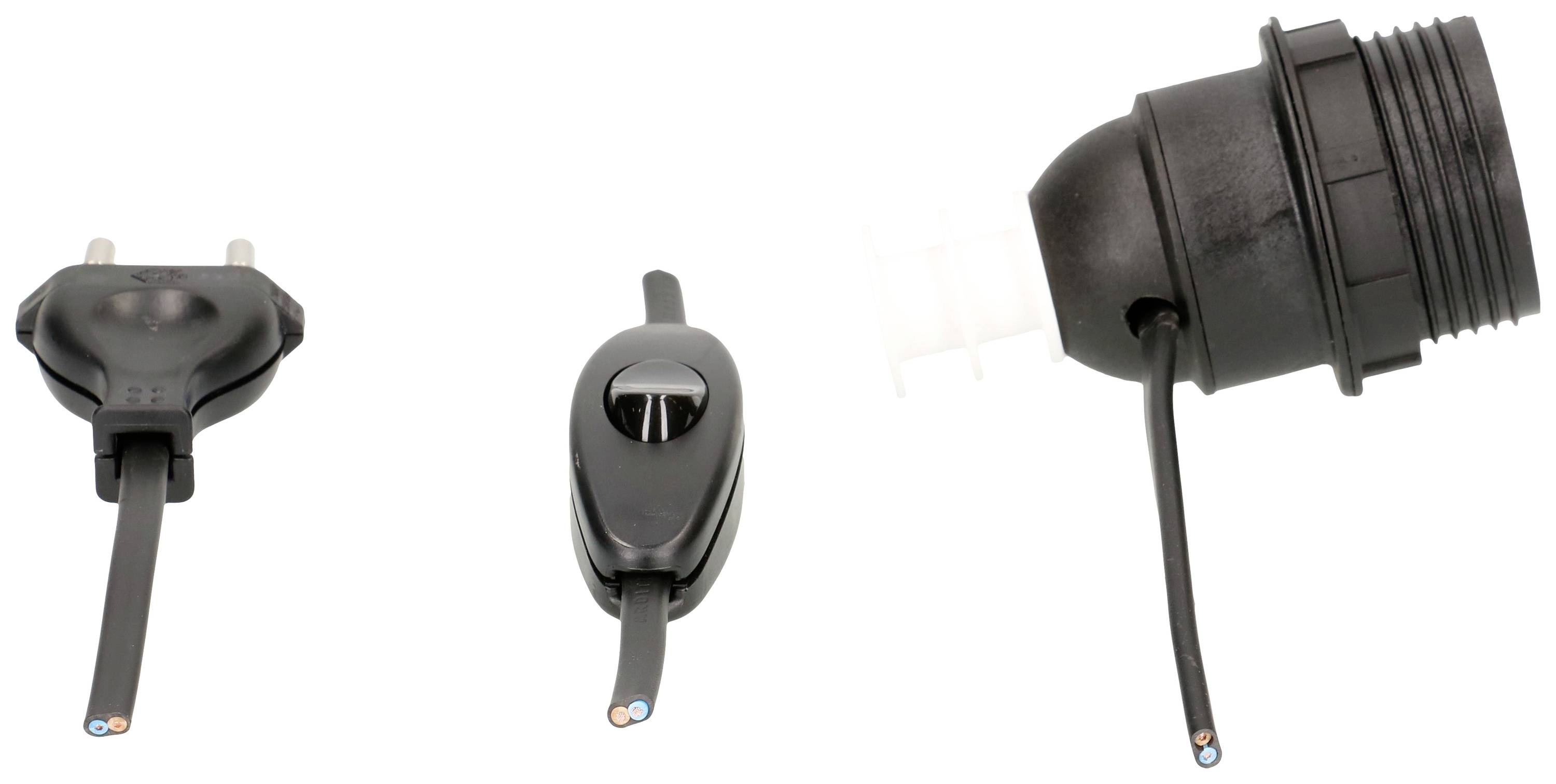 Trzy czarne elementy elektryczne: wtyk, przełącznik i obudowa przyłącza, każdy z widocznymi przewodami i tulejkami końcówek przewodów.