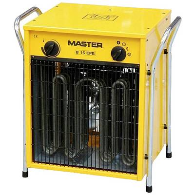 Żółty elektryczny grzejnik z dwoma pokrętłami z przodu i napisem 'MASTER B 15 EPB' na przedniej części.