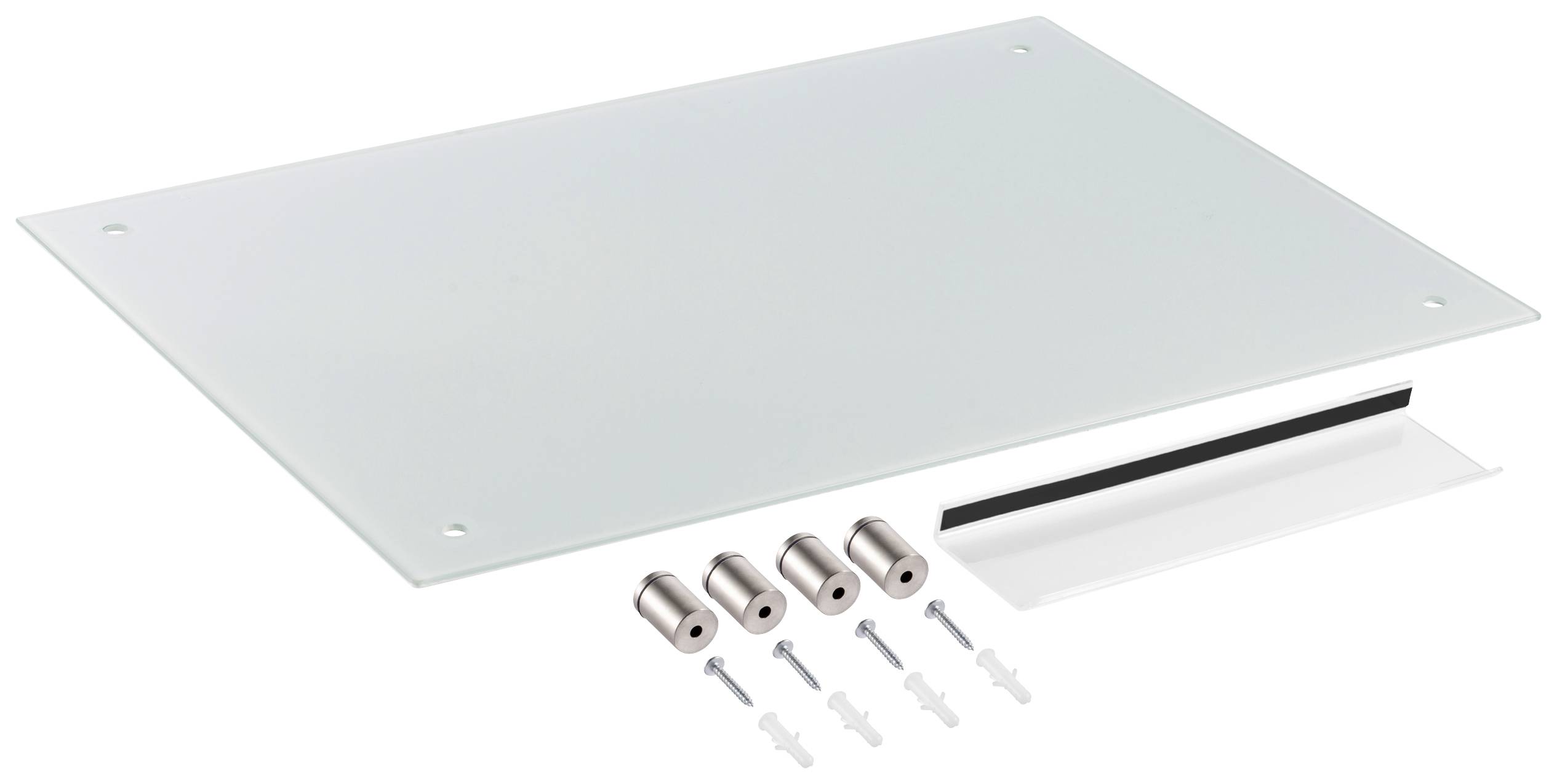 Płyta szklana z czterema otworami mocującymi, śrubami, kołkami, dystansami i paskami uszczelniającymi, odpowiednia do zastosowań montażowych.