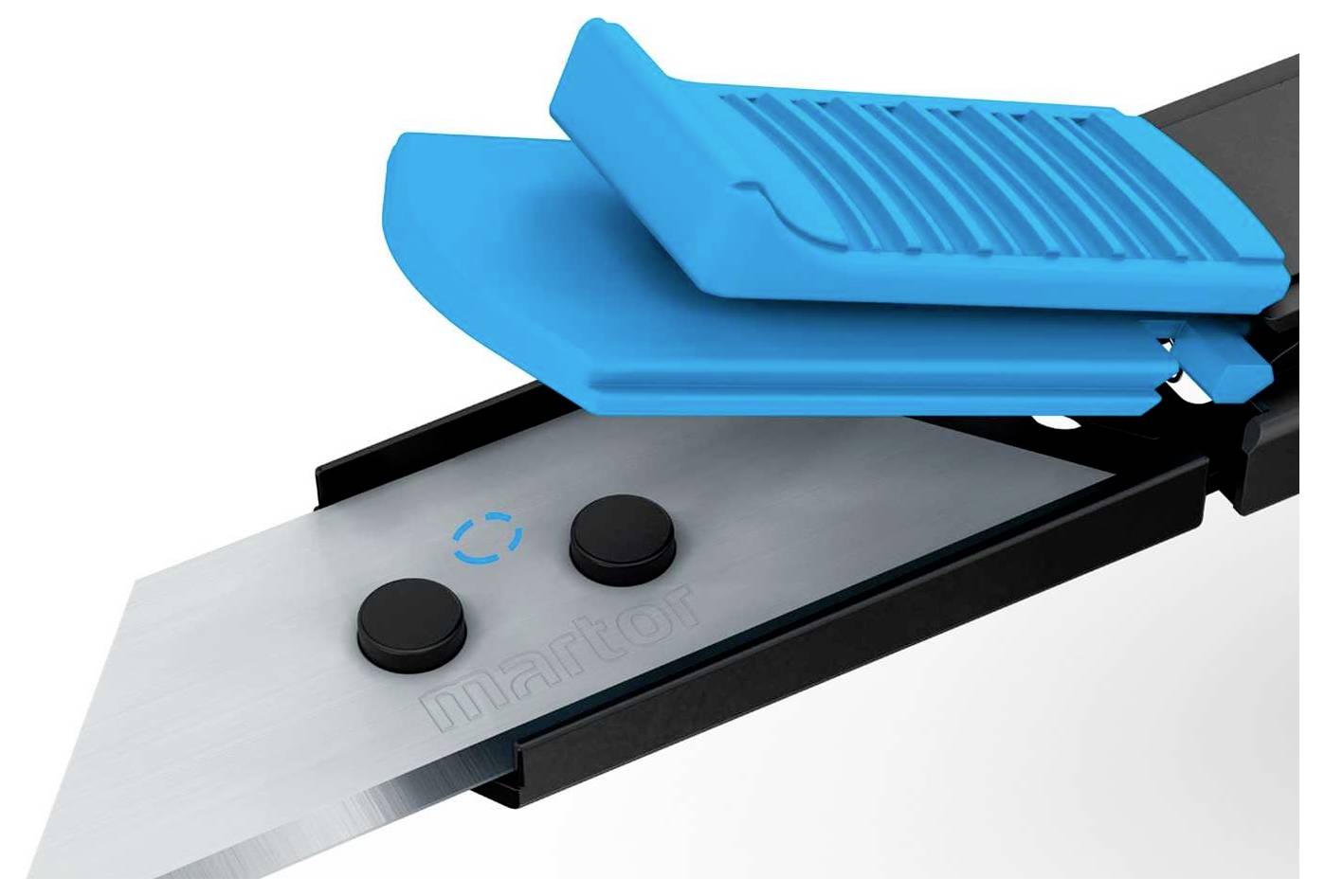 Nóż bezpieczeństwa z chowanym ostrzem i niebieskim mechanizmem ochronnym.