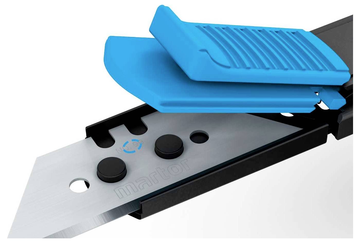 Nóż bezpieczny z niebieskim przesuwnikiem, który ujawnia ostrze, odpowiedni do różnorodnych prac związanych z cięciem.