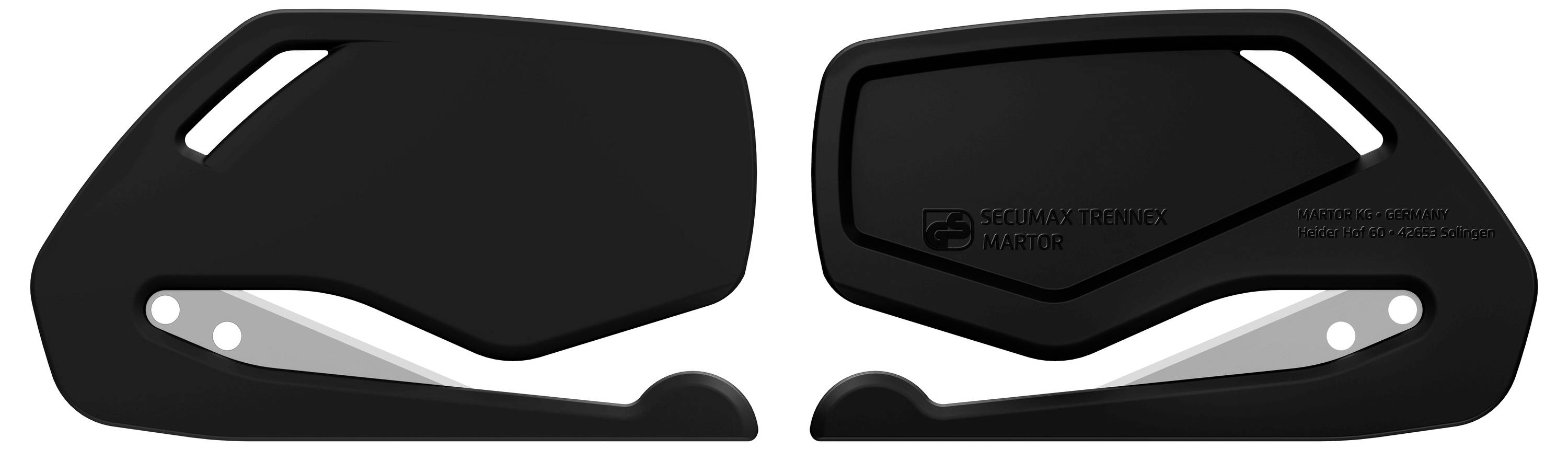 Dwie czarne, wąskie osłony ochronne z srebrnymi ostrzami. Odpowiednie do użycia jako stylizowane, funkcjonalne elementy wyposażenia ochronnego.