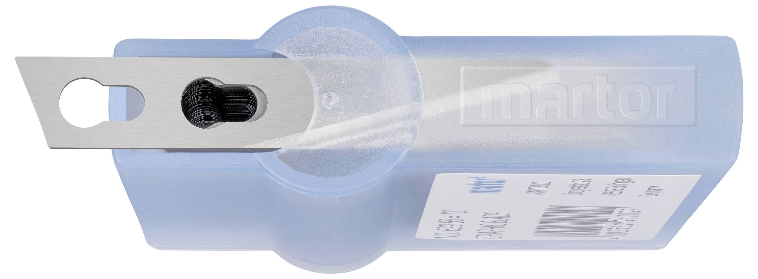 Niebieski nóż bezpieczeństwa z ostrzem częściowo schowanym w obudowie.