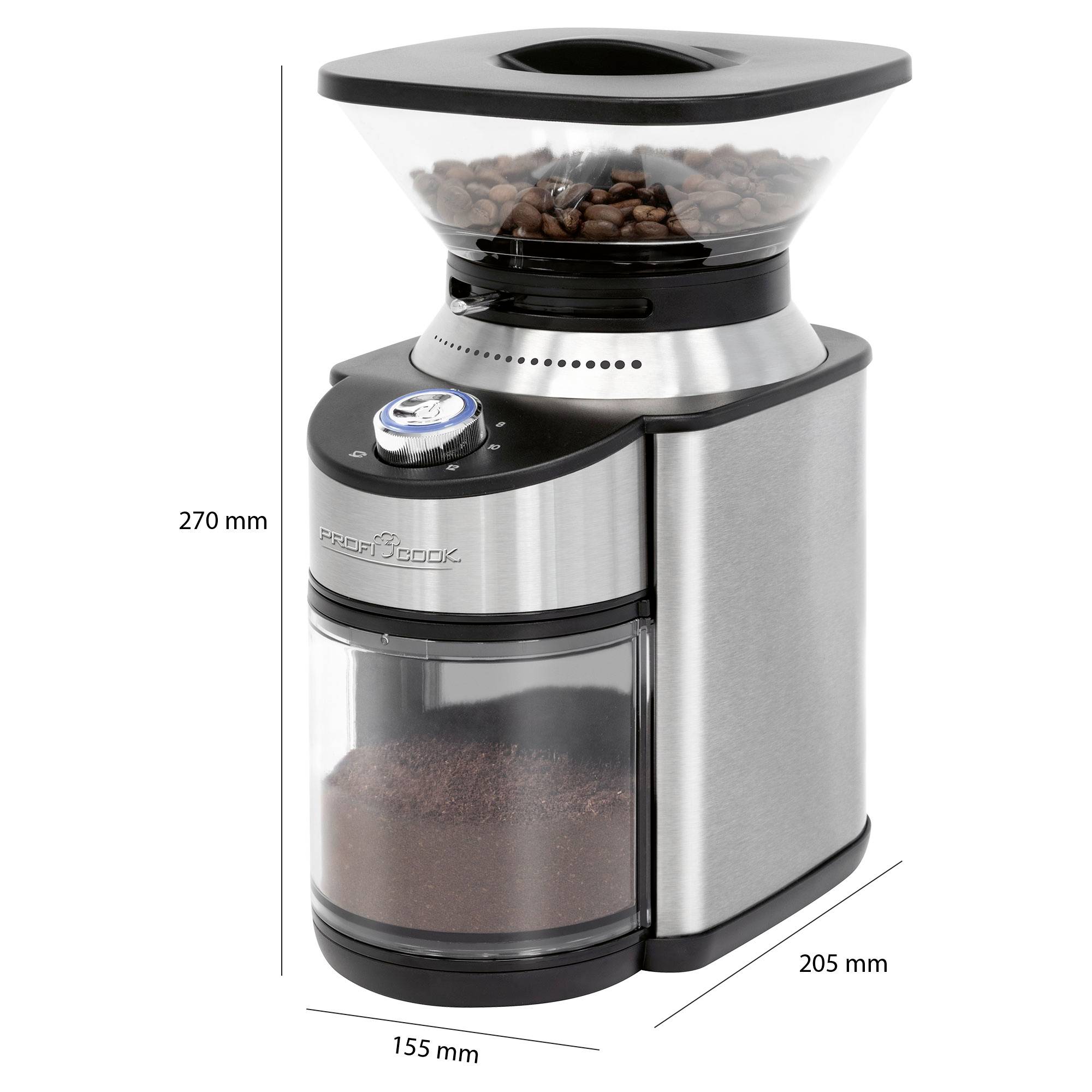 Młynek do kawy ze stali nierdzewnej, napełniony ziarnami kawy na górze i zmielonym kawą na dole. Wymiary: 270 mm wysokości, 205 mm głębokości, 155 mm szerokości.