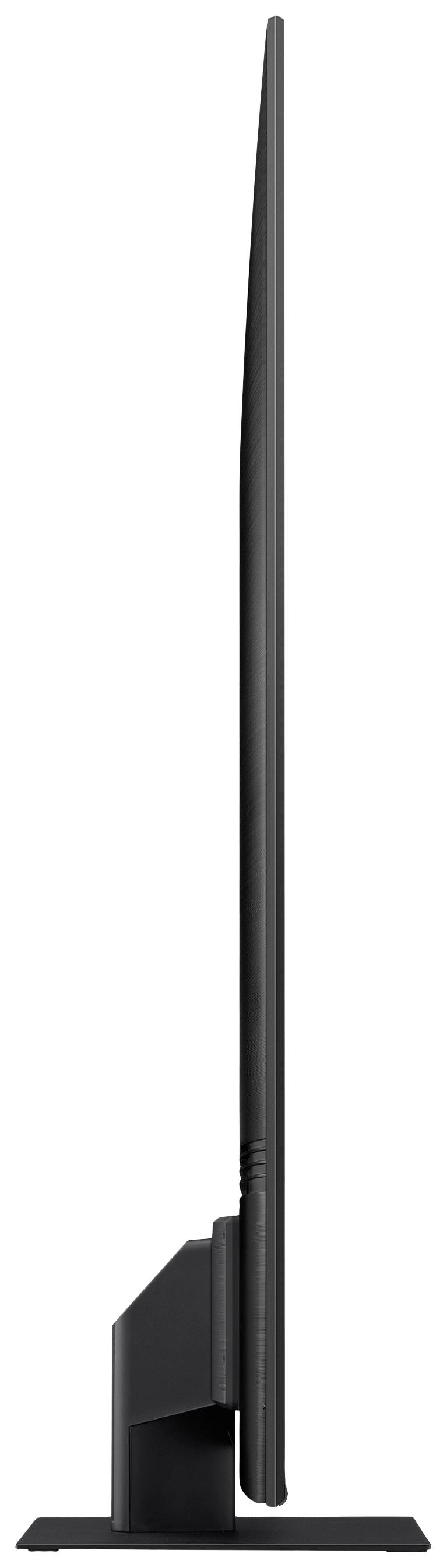 Widok z boku ultracieniego monitora na wąskiej podstawie, prezentujący smukłą sylwetkę i minimalistyczny design.