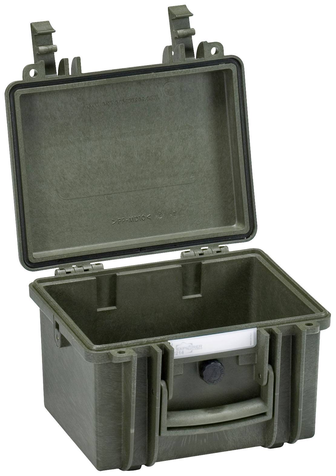 Ciemnozielone, wytrzymałe pudełko magazynowe z otwartą pokrywą. Odpowiednie do bezpiecznego transportu delikatnych przedmiotów.