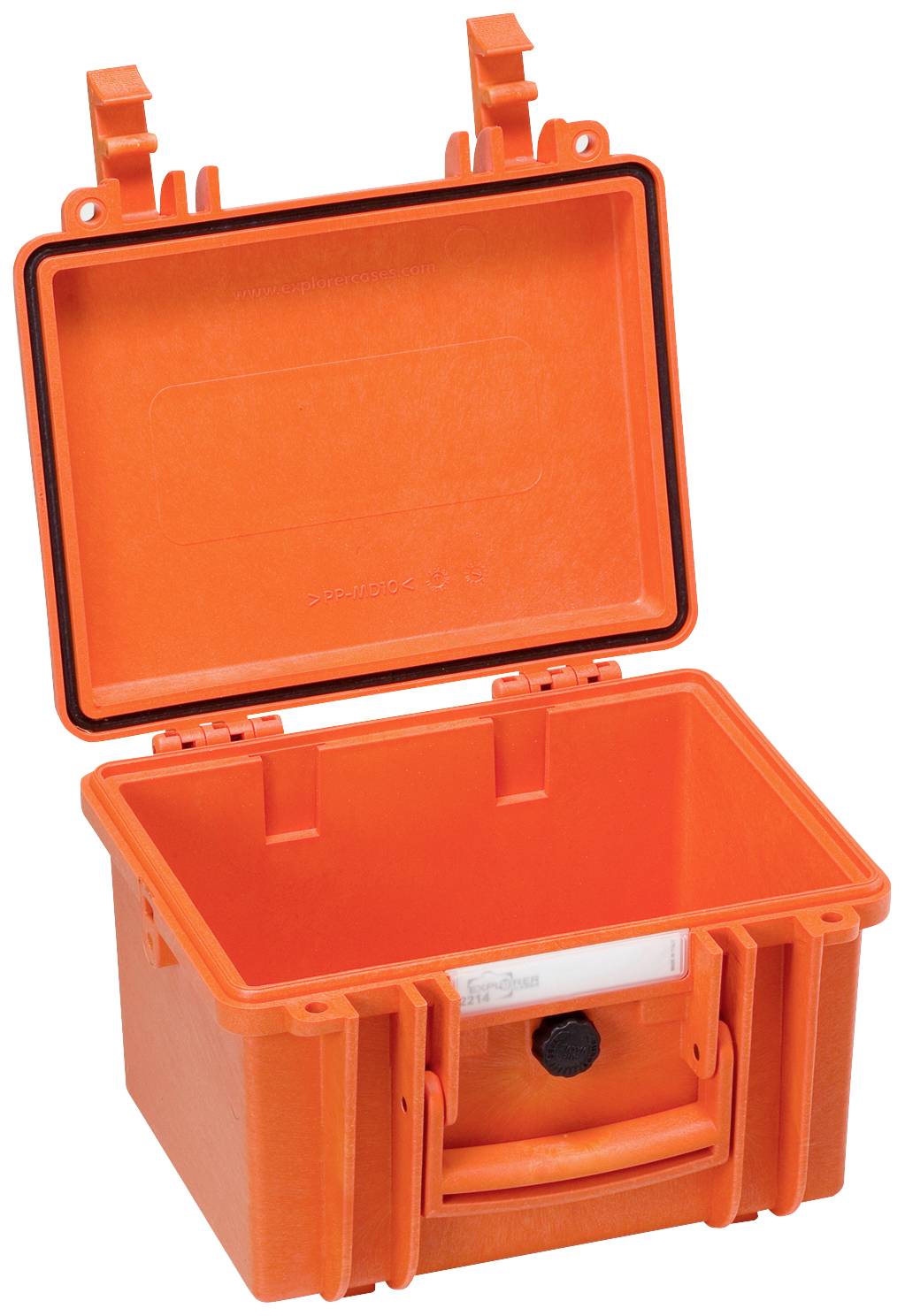 Pomarańczowy, otwarty pojemnik z tworzywa sztucznego z pokrywką. Idealny do bezpiecznego przechowywania delikatnych lub cennych przedmiotów.