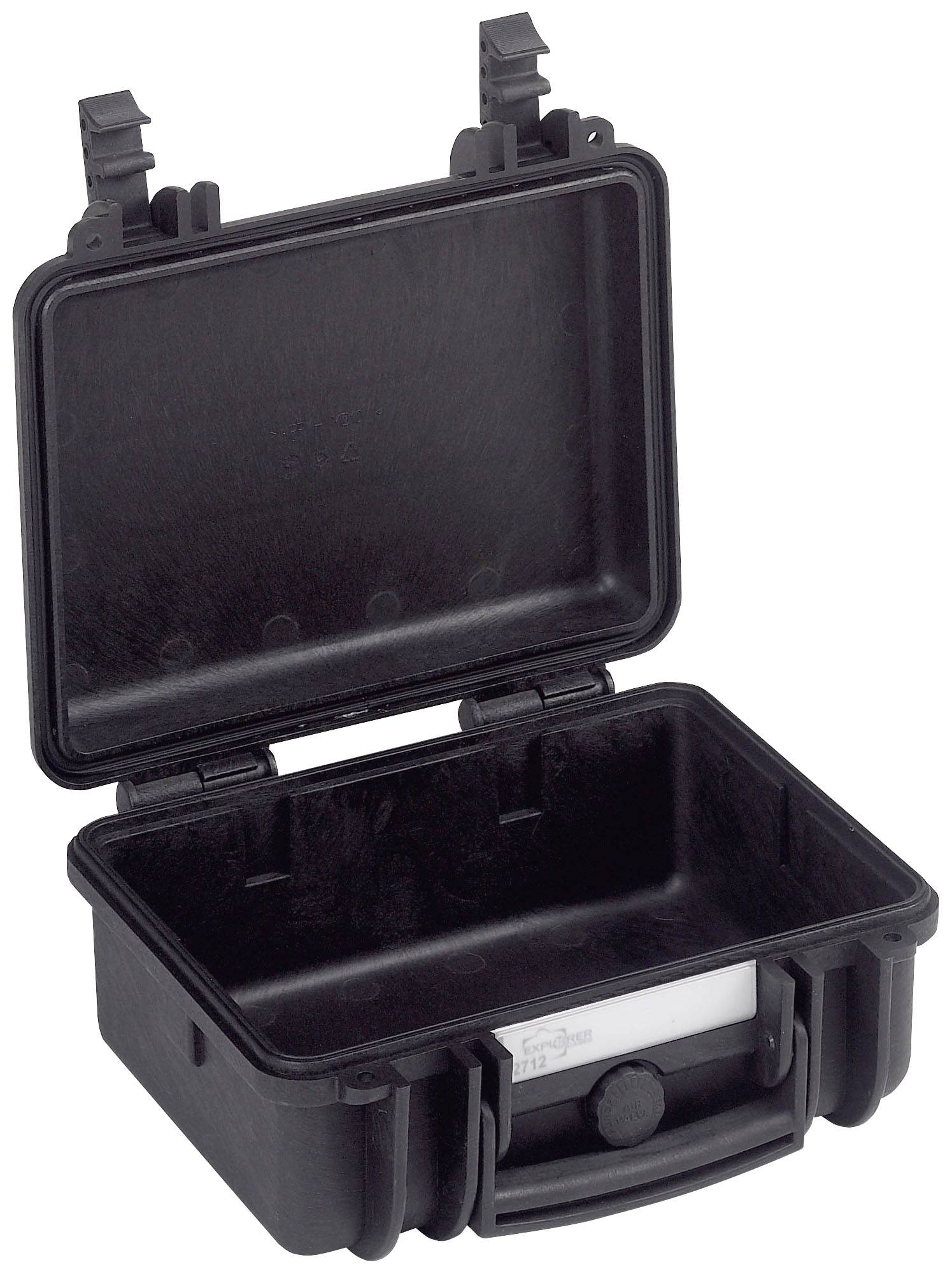 Czarny, otwarty twardy kufer z jednym uchwytem i dwoma zamknięciami, pusty w środku, odpowiedni do ochrony delikatnych przedmiotów.