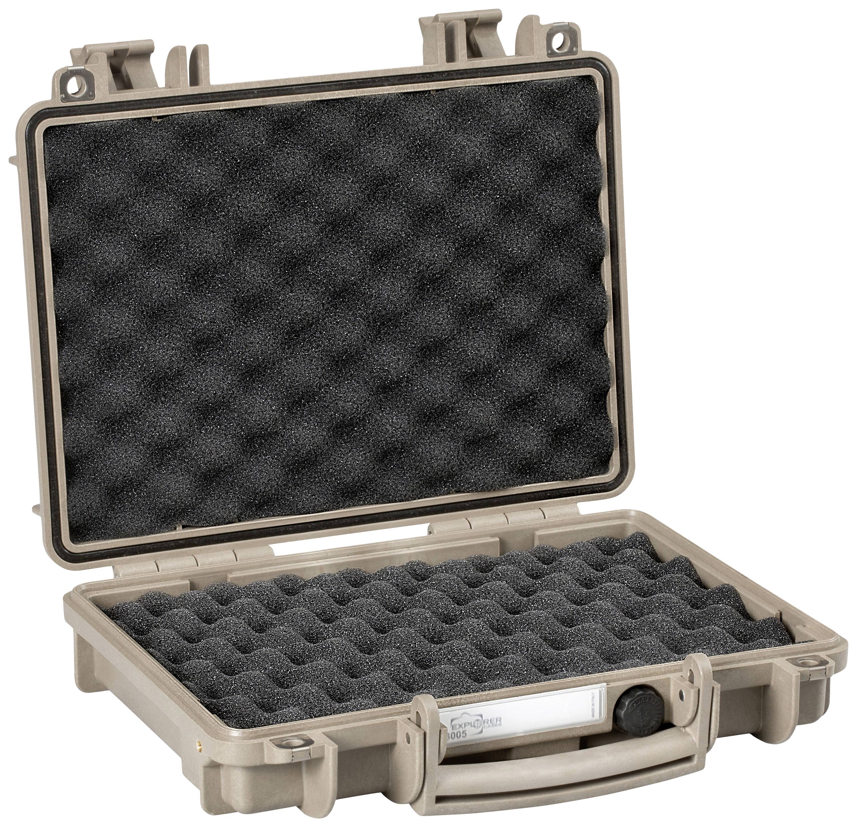 Otwarty, wyłożony pianką ochronną plastikowy kufer w kolorze beżowym, idealny do bezpiecznego transportu delikatnych przedmiotów.