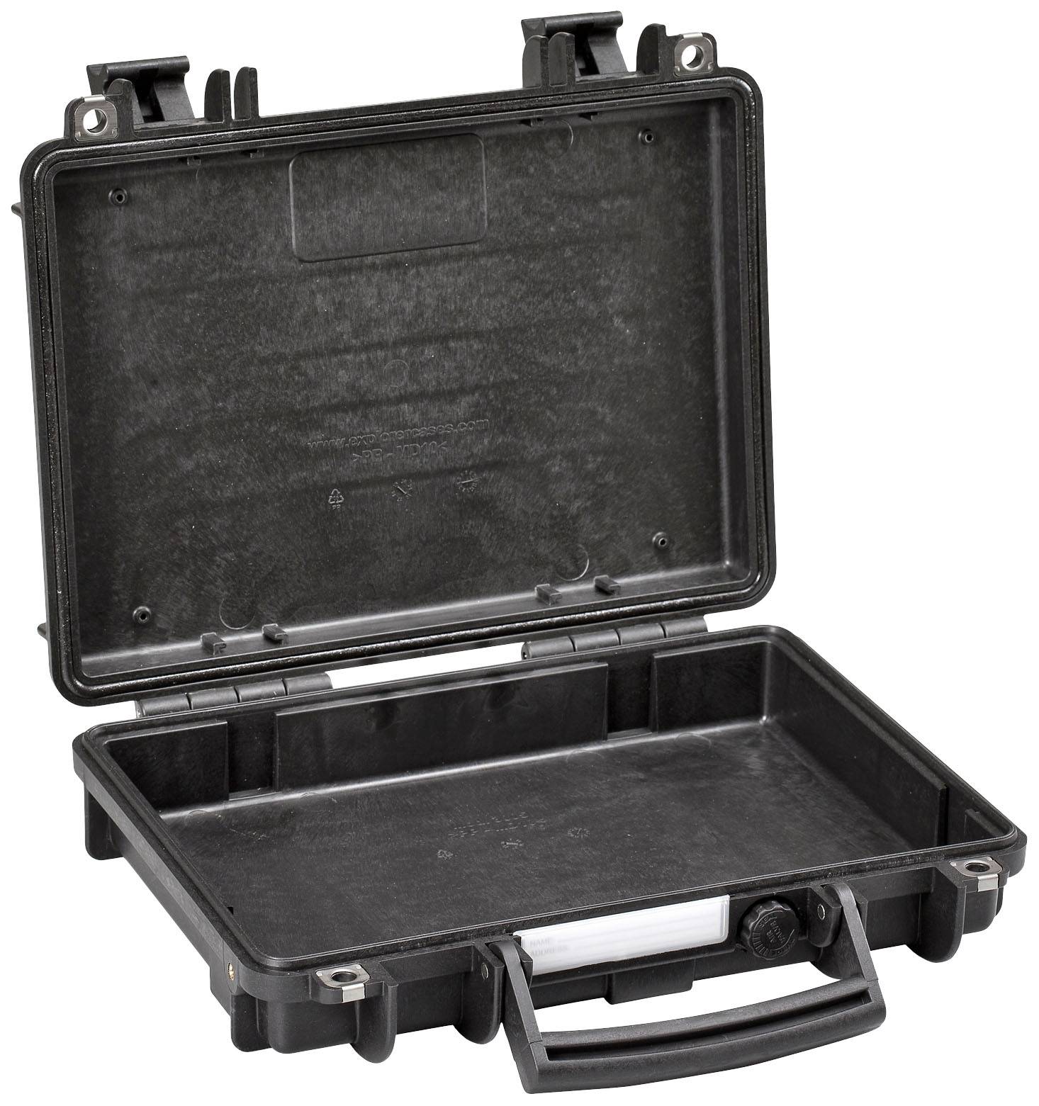 Otwarty, pusty czarny pojemnik z tworzywa sztucznego z wewnętrzną wyściółką piankową, odpowiedni do bezpiecznego transportu delikatnych przedmiotów.