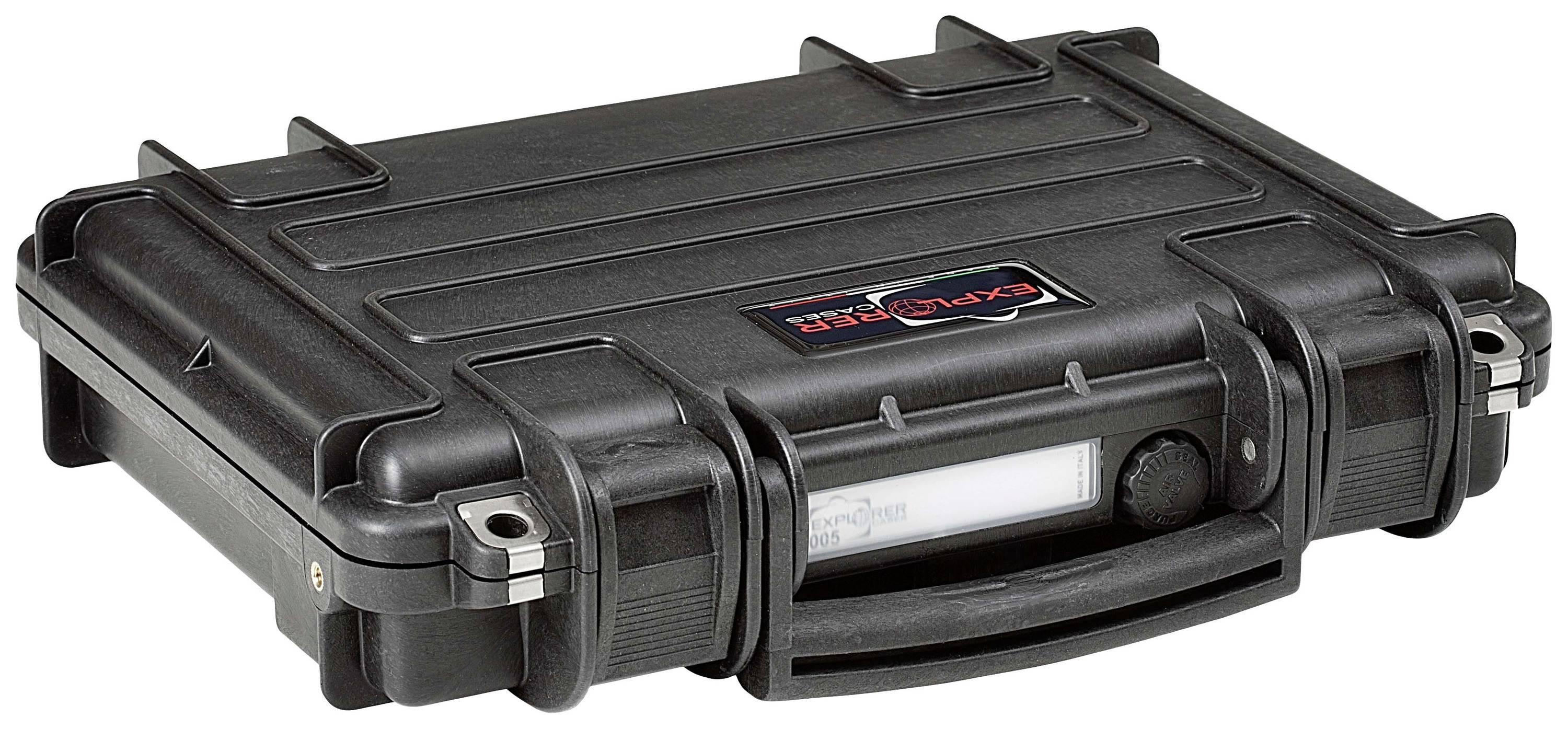 Czarny, wytrzymały twardy kufer z uchwytem i zamkami. Idealny do bezpiecznego transportu delikatnego sprzętu.