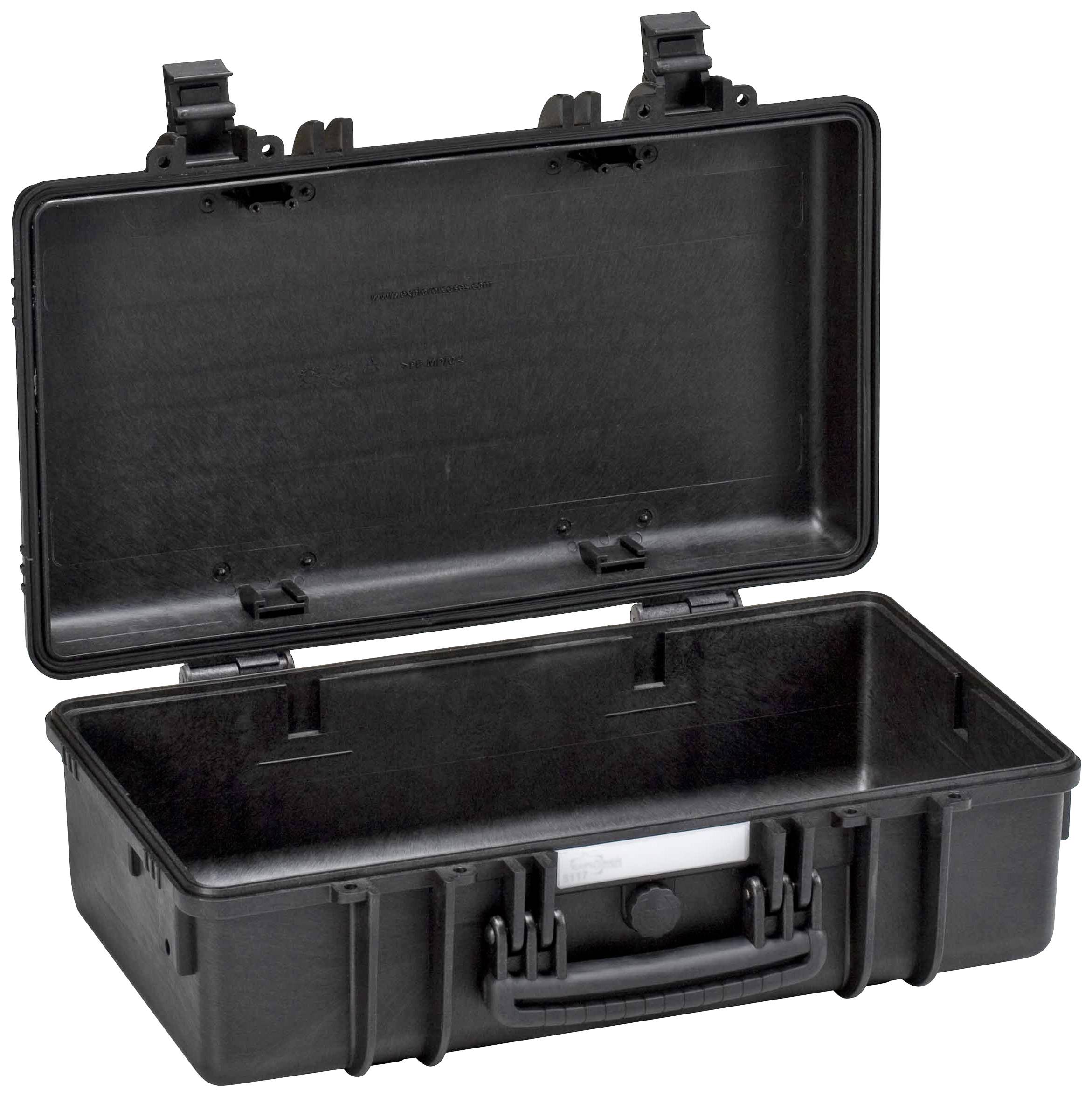 Czarny, otwarty, pusty twardy kufer z solidnymi zamkami. Idealny do bezpiecznego transportu delikatnych przedmiotów.