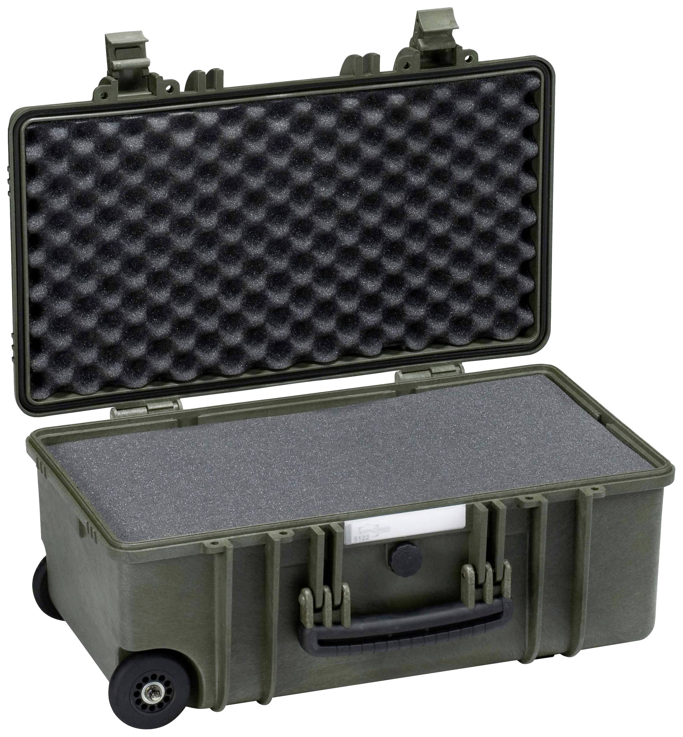 Otwarty zielony kontener transportowy z twardego plastiku na kółkach, wyposażony w wewnętrzną wyściółkę piankową.