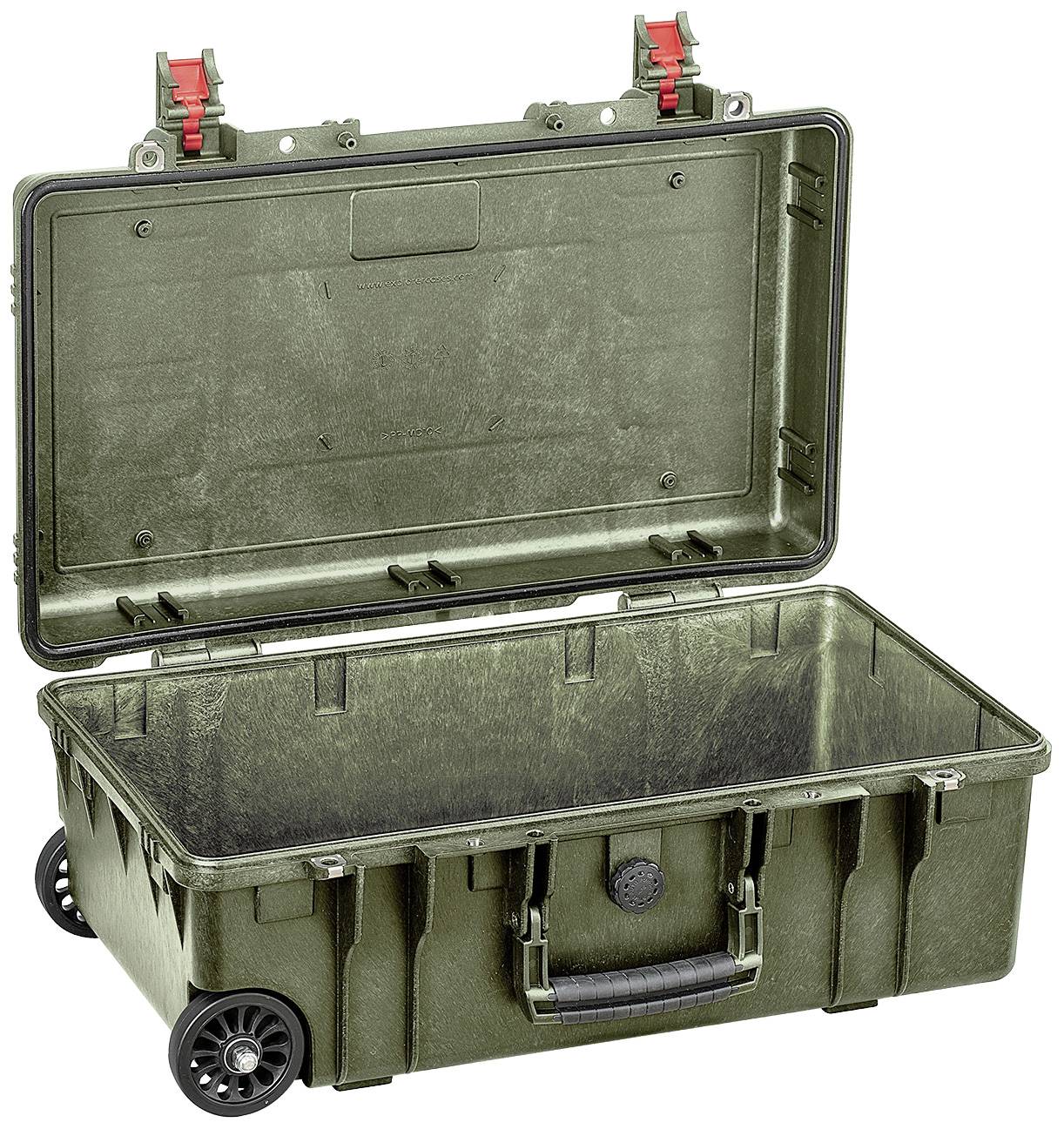Solidny, zielony kufer transportowy z otwartą pokrywą, dwoma kółkami i uchwytem. Idealny do ochrony i przewozu delikatnego sprzętu.