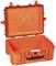 Pomarańczowa twarda walizka z otwartą pokrywą i czarną rączką, prezentująca przestronne wnętrze przeznaczone do bezpiecznego transportu delikatnych przedmiotów.