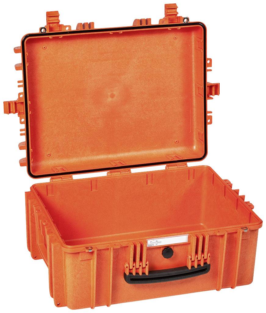 Pusty, pomarańczowy twardy kufer ochronny z otwartą pokrywą. Idealny do bezpiecznego transportu delikatnego sprzętu.