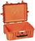 Pusty, pomarańczowy twardy kufer ochronny z otwartą pokrywą. Idealny do bezpiecznego transportu delikatnego sprzętu.