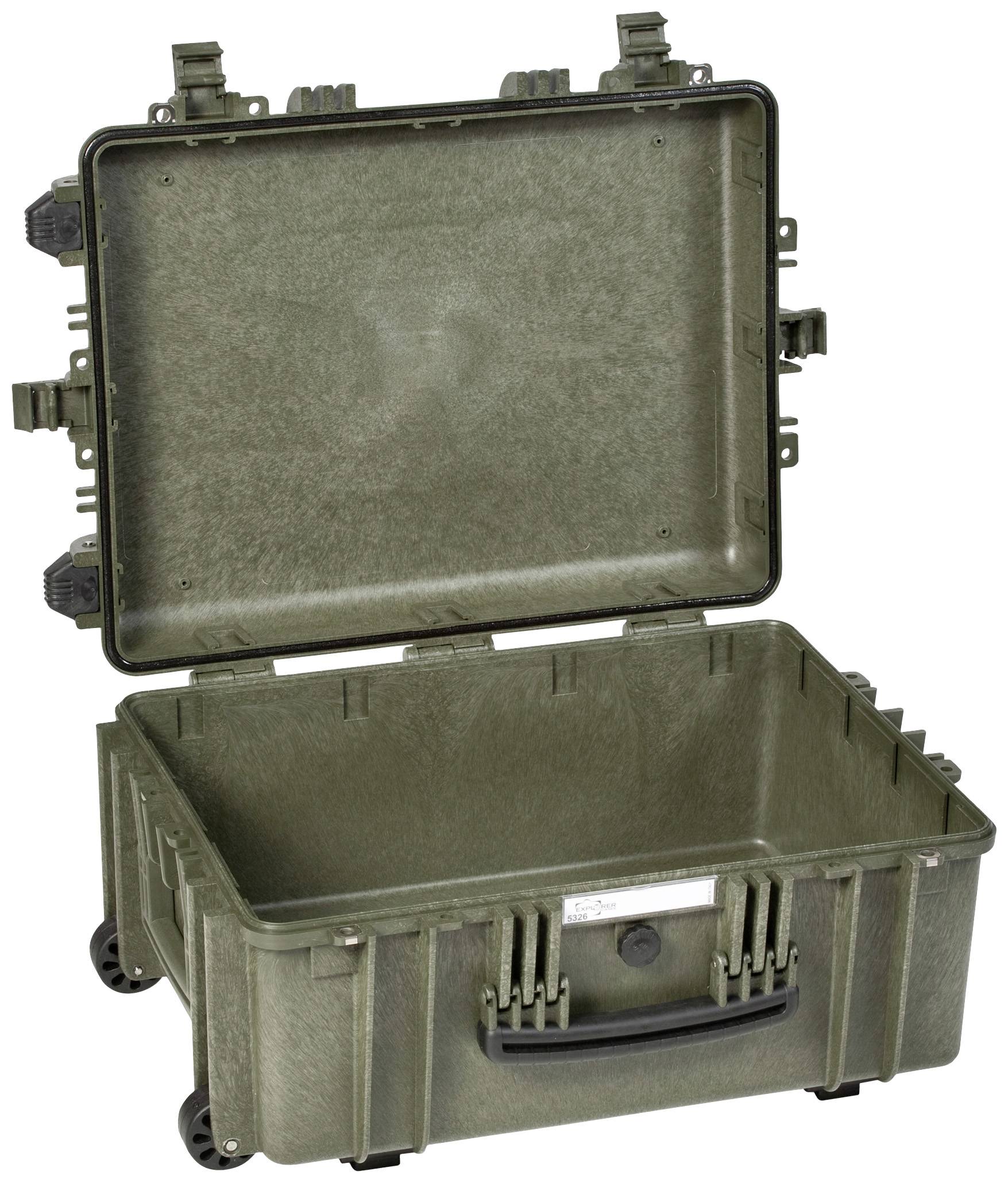 Otwarty, oliwkowozielony, wytrzymały kufer transportowy na kółkach. Idealny do bezpiecznego przewozu delikatnego sprzętu.