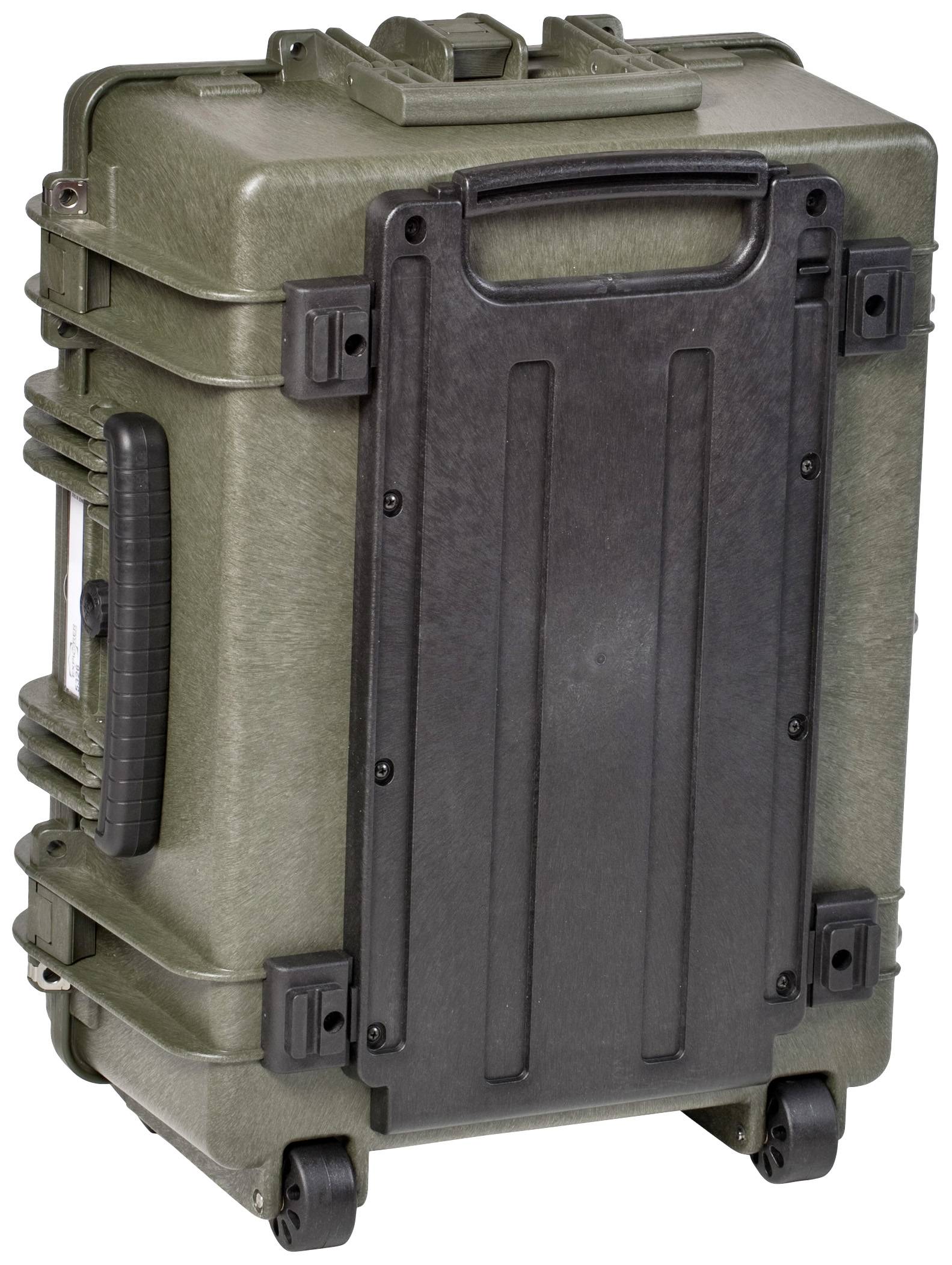 Solidna, oliwkowozielona walizka twarda z uchwytem i kółkami, idealna do bezpiecznego transportu delikatnego sprzętu.