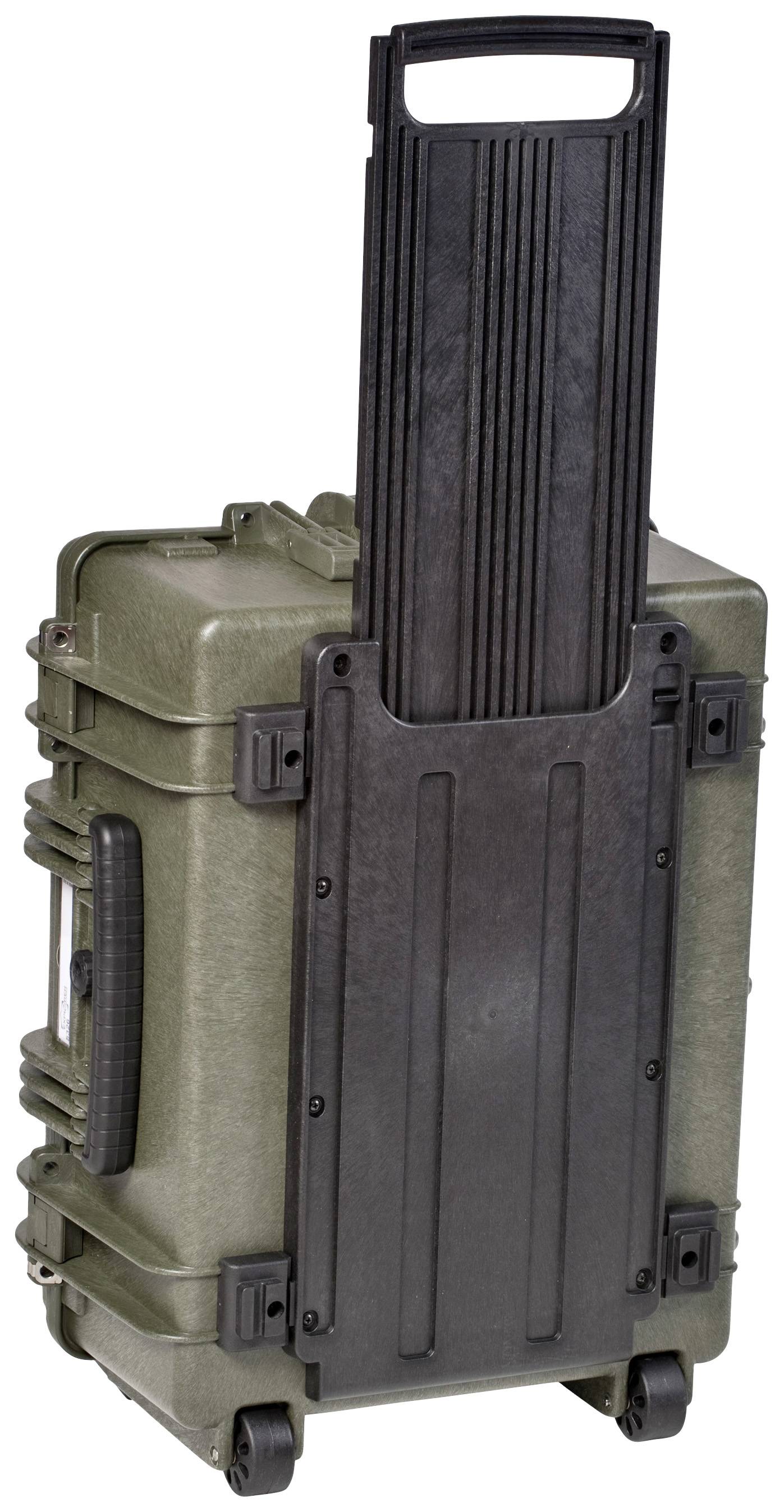 Wytrzymały, oliwkowozielony walizka na kółkach z wysuwaną rączką i wzmocnionymi narożnikami, odpowiednia do ochrony delikatnego sprzętu.