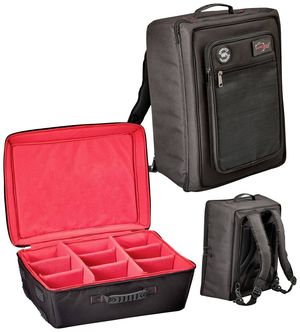 Plecak na aparat fotograficzny z czarną zewnętrzną stroną i czerwonym wnętrzem. Posiada kilka wyściełanych przegródek do bezpiecznego przechowywania sprzętu.