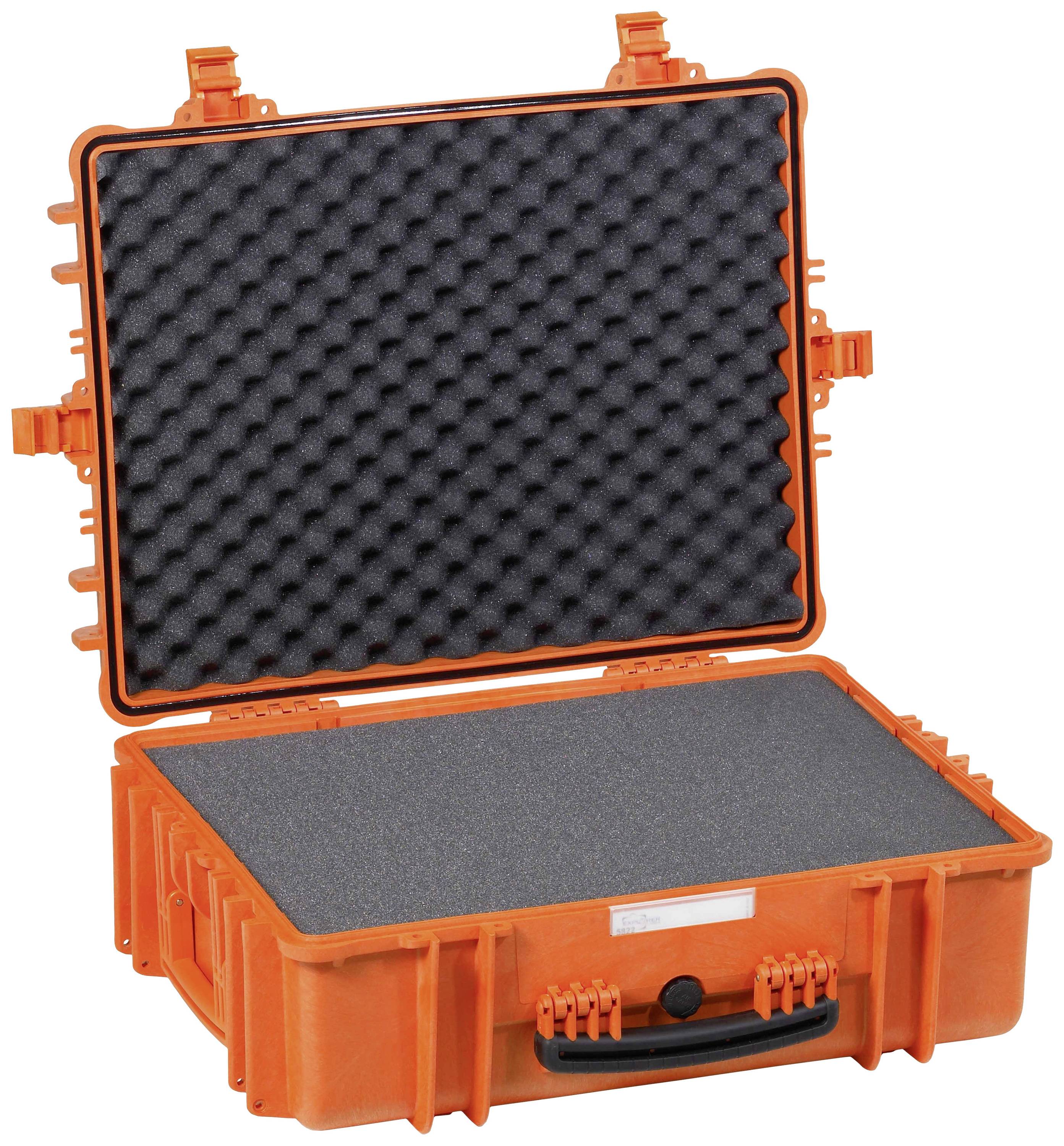 Pomarańczowa walizka ochronna z otwartą pokrywą, ukazująca czarną, piankową wyściółkę wewnętrzną do bezpiecznego przechowywania delikatnych przedmiotów.