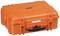 Solidny, pomarańczowy kufer ochronny z czarną rączką, zaprojektowany do bezpiecznego transportu delikatnego sprzętu.