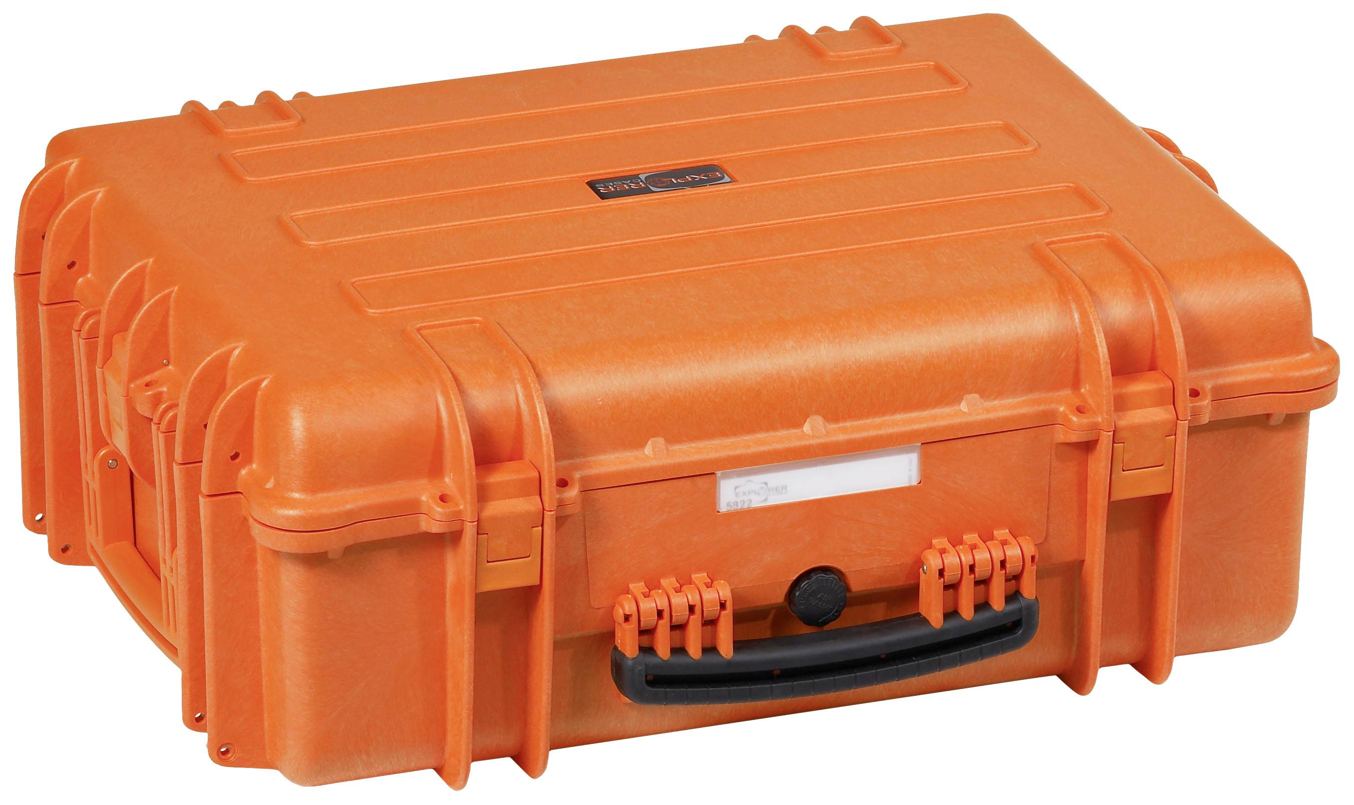 Duży, pomarańczowy kufer ochronny z wytrzymałym uchwytem i rowkami umożliwiającymi układanie w stosy, idealny do bezpiecznego transportu delikatnych przedmiotów.