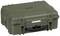 Nieoznakowana, oliwkowozielona, wytrzymała walizka z twardego plastiku z czarną rączką, prawdopodobnie przeznaczona do transportu delikatnego sprzętu.