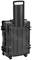 Czarny, solidny walizka na kółkach z uchwytem, przeznaczona do bezpiecznego transportu delikatnych urządzeń lub sprzętu.